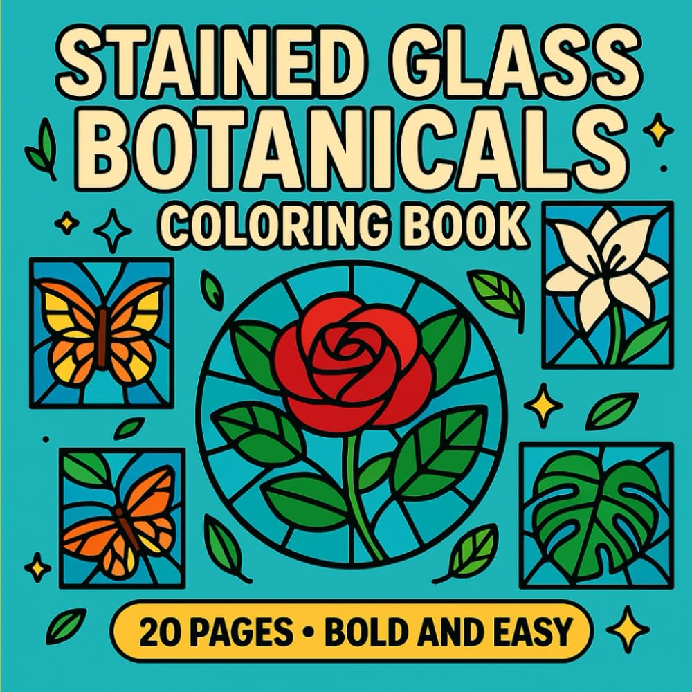 Stained Glass Botanicals Coloring Book: Roses, Lilies, Orchids, Cactus & Succulents: Simple Stained Glass Floral Designs for Relaxing Coloring