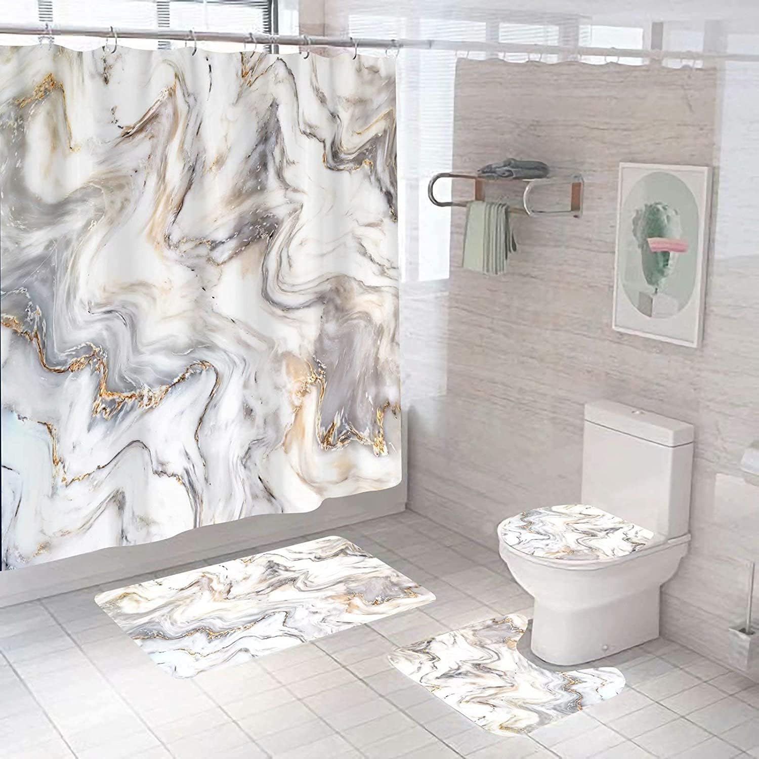 AIBIIN Marble Shower Curtain Sets 4 Piece Abstract Grey Shower Curtain