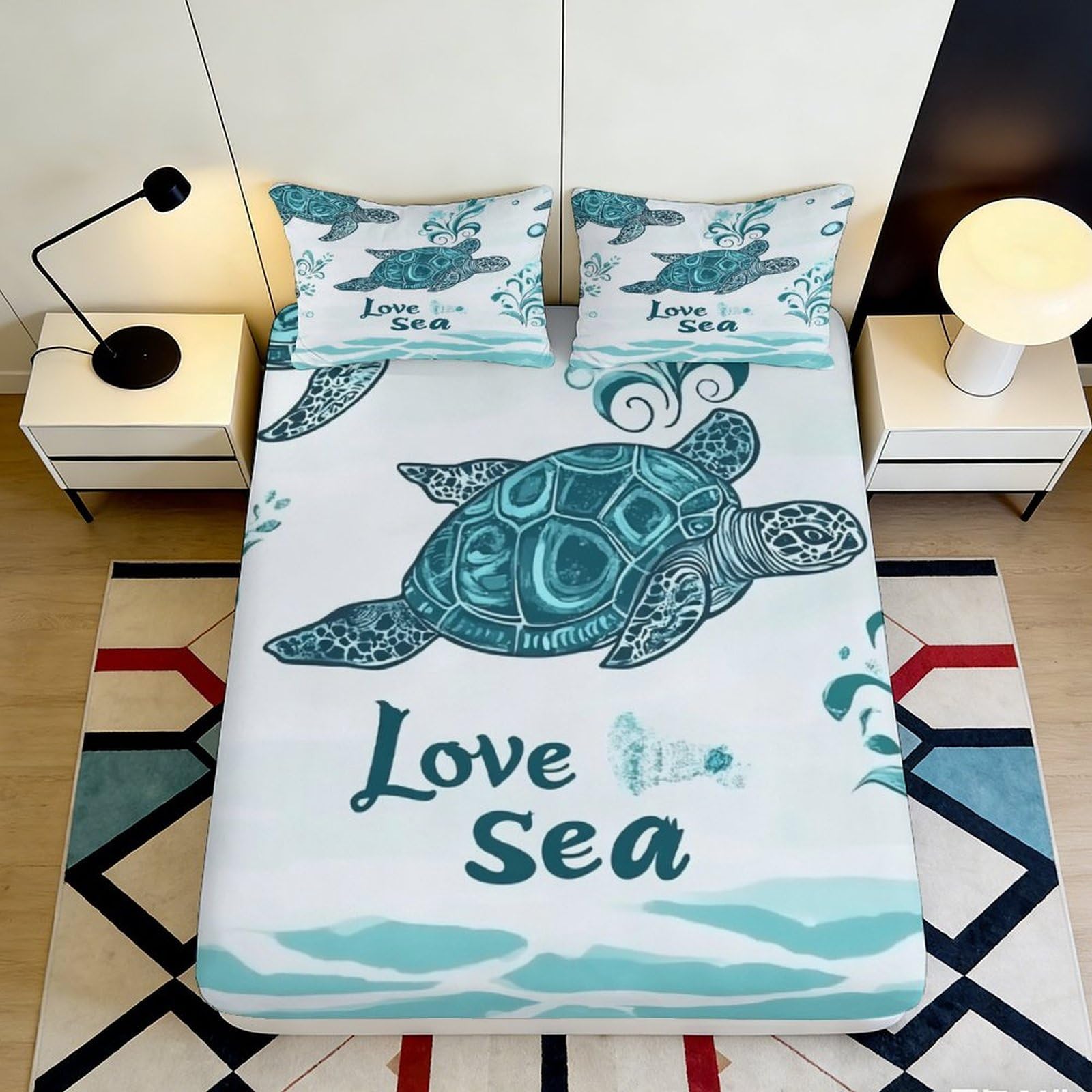 3D Printed Sea Turtle Fitted Sheet Microfiber Soft Breathable Ocean Wave Bed Cover Bedroom Dorm Decor Protection 90x200x25cm