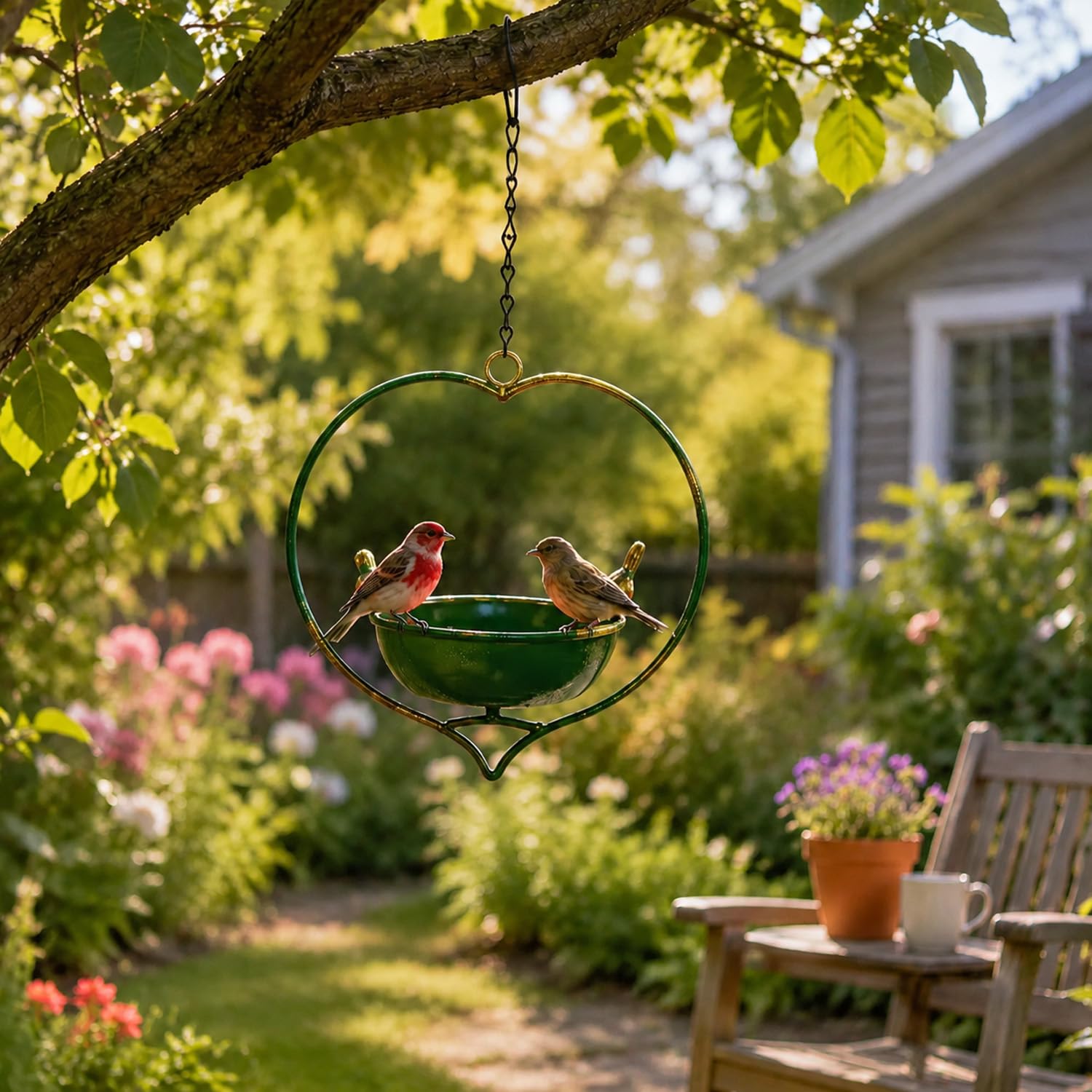 2-in-1 Hanging Bird Feeder & Bath, Heart-Shaped Metal Frame with Ceramic Bowl, Weather-Resistant, Easy Clean for Garden Yard Patio (Green)