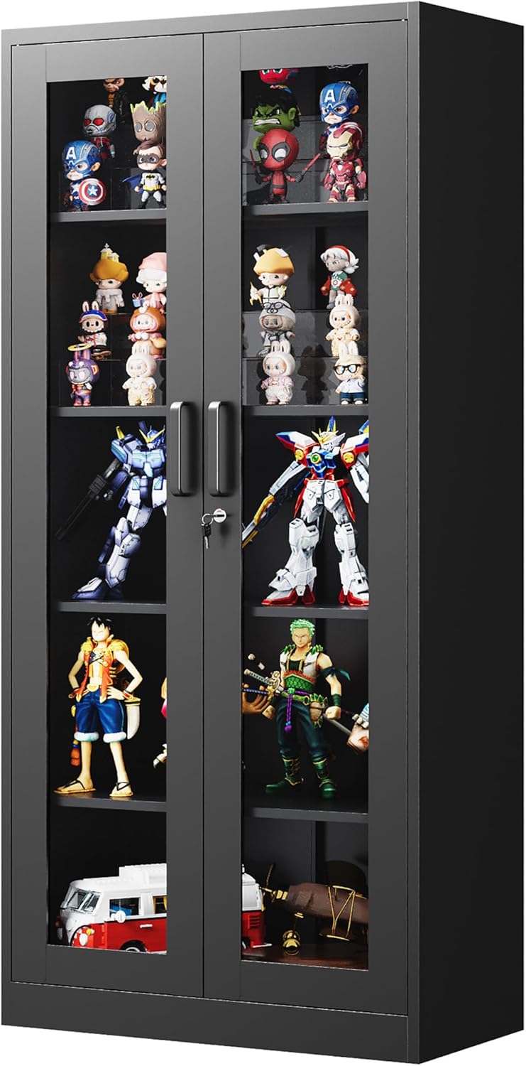 Display Cabinet with Glass Doors, 71 Inches Metal Curio Storage Cabinets with 4 Adjustable Shelves, Locking Glass Cabinet Display Case for Home, Office, Clinic, Pantry (Black)