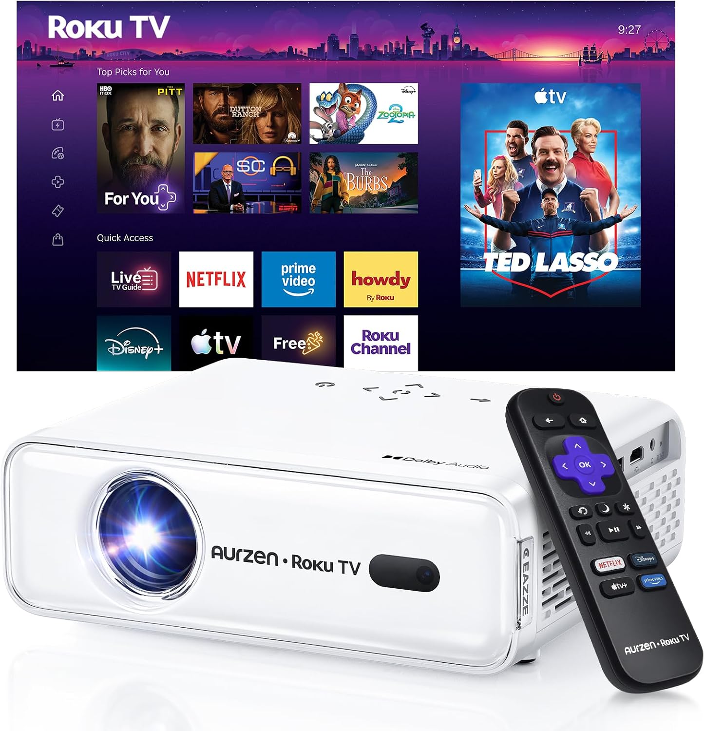 Roku TV D1R Smart Portable Outdoor Projector with WiFi and Bluetooth | Roku TV Built-in, All Top Apps, 1080P FHD, DoIby Audio, Auto Focus & Keystone, Zoom, Mini Projector for Home & Outdoor Movies