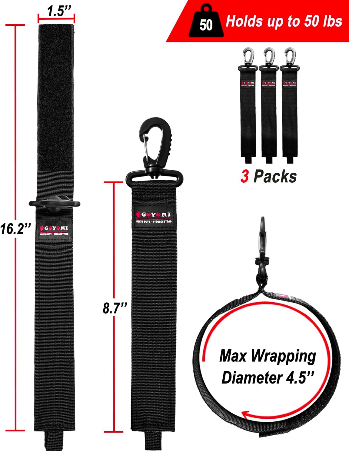 3 Pcs Extension Cord Holder Organizer, 16'' Hook and Loop Extension Cord Hanger, Heavy Duty Storage Straps for Cords, Cables, Hoses, Rope, RV, Garage Storage and Organization