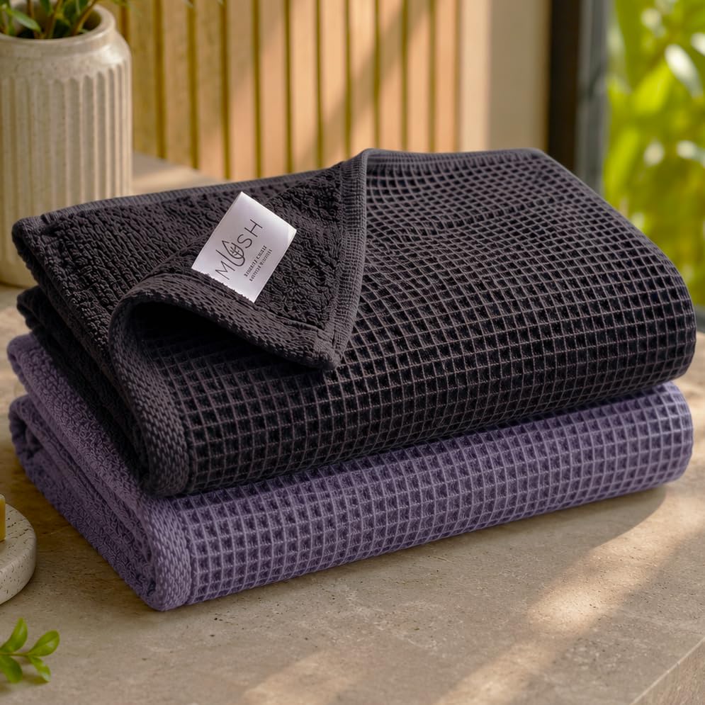 Image of Mush Bamboo Dual Texture Waffle Terry Bath Towel Set of 2 | Ultra Soft, Highly Absorbent, Quick Dry | Large Towels for Bath, Gym, Spa | Charcoal & Ash Grey (70x140 cm, 500 GSM)