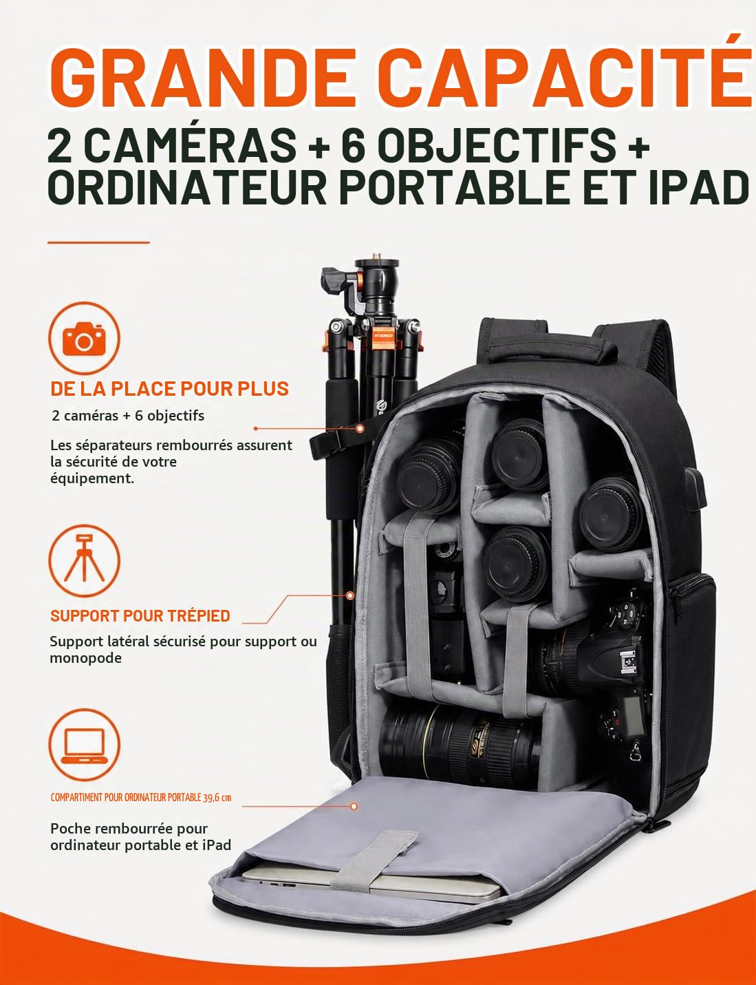 CADeN Sac à Dos étanche pour Appareil Photo Sac à Dos pour Appareil Photo Reflex Numérique Compatible avec l'objectif et Le trépied Canon Nikon Sony(Noir)