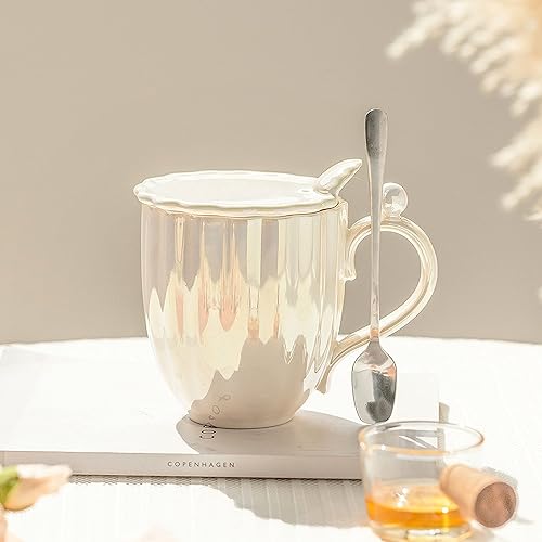 Miniatura 5 de Juego de 2 tazas de café de 14 onzas, tazas de cerámica con concha de perla con tapa y cuchara para bebidas, capuchino, café con leche, leche y té,