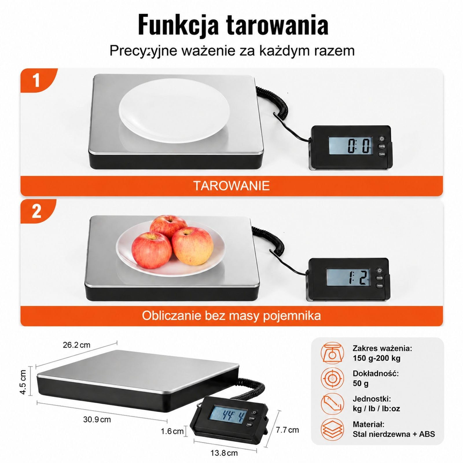 Cyfrowa waga platformowa do paczek i przesyłek, stal nierdzewna i ABS, funkcja tarowania, kg/lbs/lbs:oz, dokładność 50 g, do domu, biura i magazynu