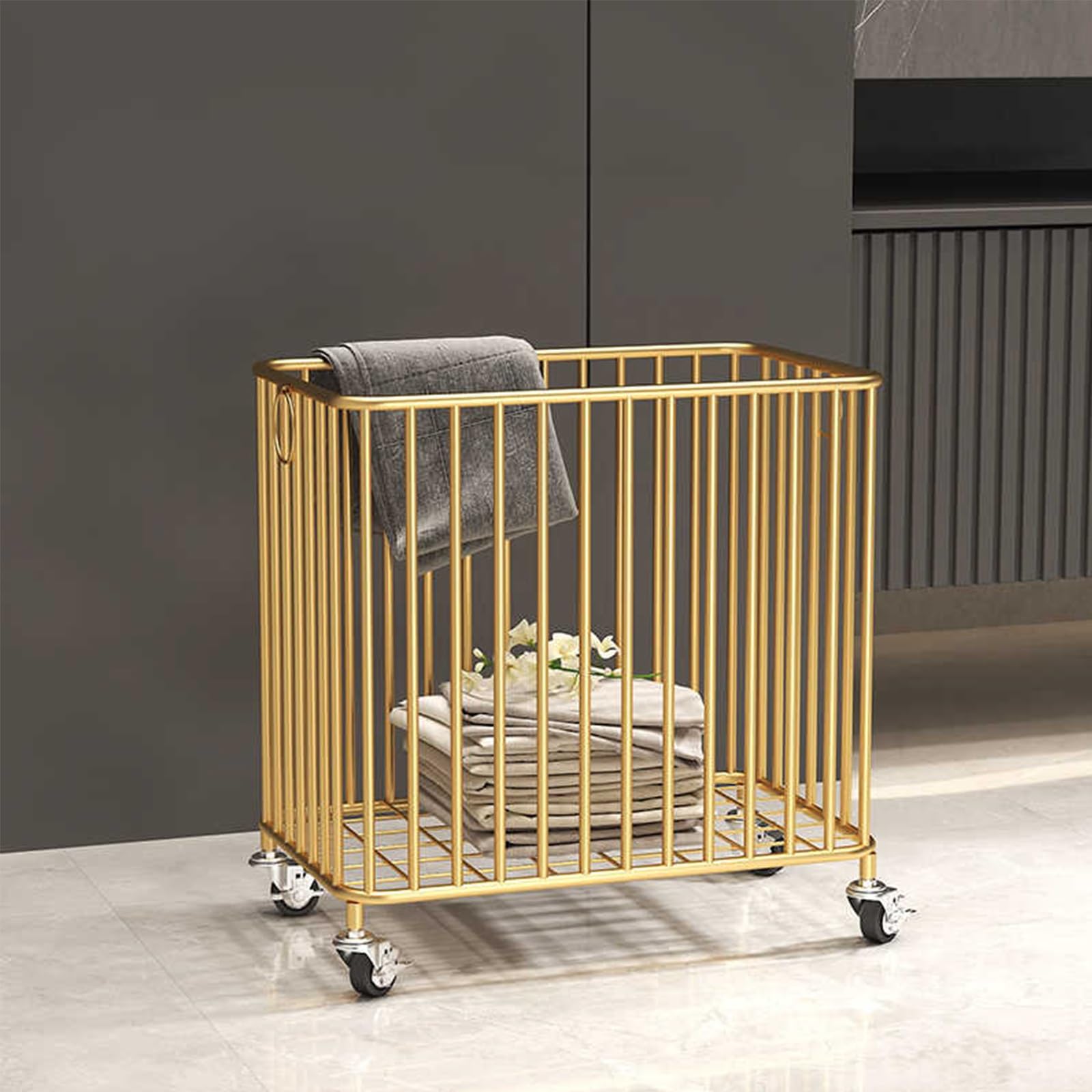 Folding Laundry Basket Household Storage with Wheels,Metal Rolling Hamper Cart with Pull Ring,Dirty Clothes Hamper Organizer