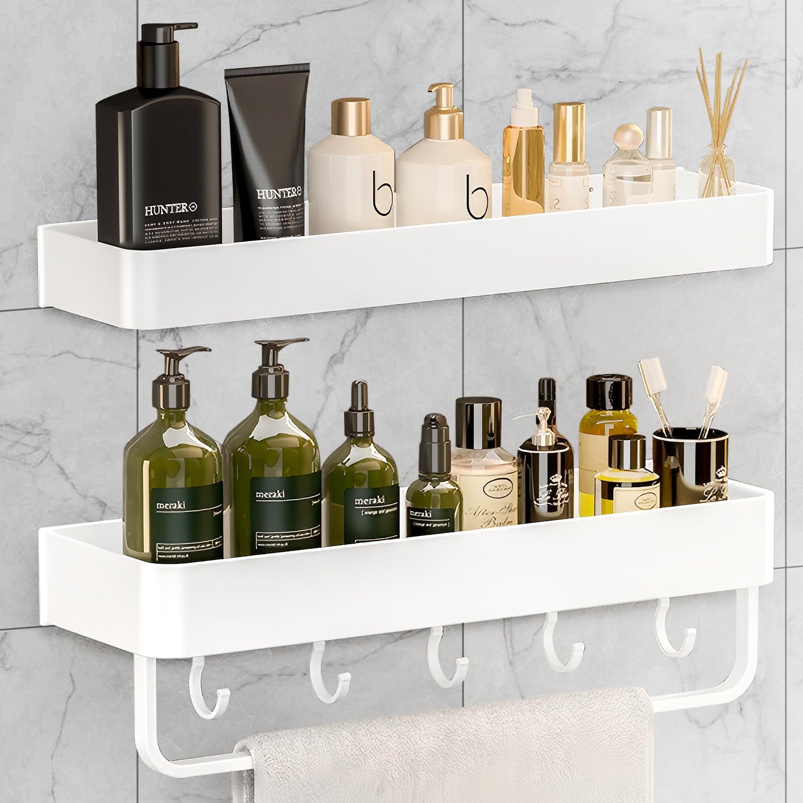 HOHOWU 2-Tier Shower Caddy with Hooks & Towel Bar,Space Aluminum Bathroom Shelves Organizers and Storage Shelf,No Drilling Wall-Mounted Kitchen & Home