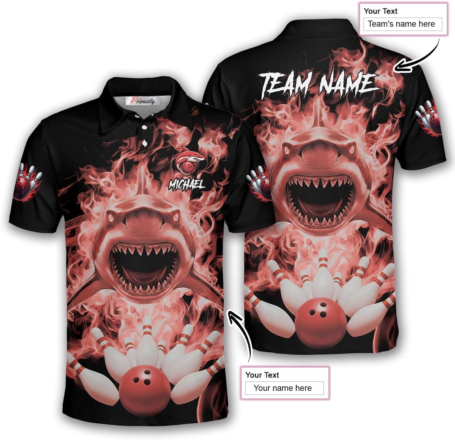 PRIMESTY Shark Bowling Polo Shirts – Personalized Bowling Jerseys with Shark Design for Men, Women, and Unisex