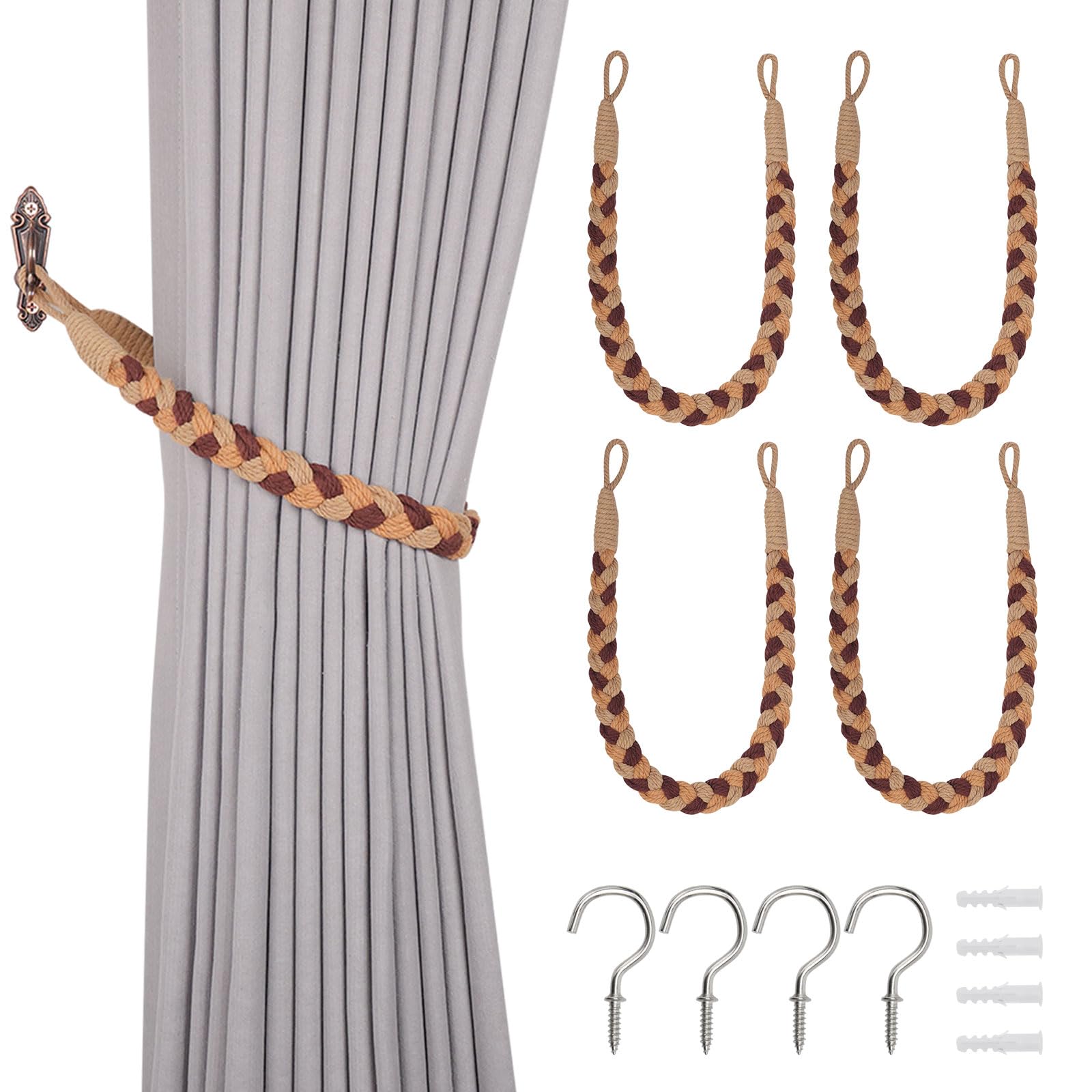 Pretty Jolly 4 Pack Natural Cotton Rope Curtain Tiebacks Elegant Boho Style Decorative Drape Tie Backs Soft Hand-Woven Rope Curtain Holdbacks with Metal Hook for Home & Office Drapery (Gradient Brown)