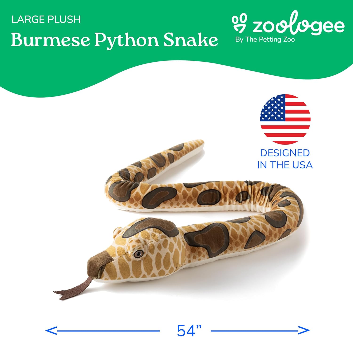 The Petting Zoo Burmese Python Snake Stuffed Animal Plushie, Gifts for Kids, Earth Keeperz Snake Animals, Zoologee Brown Burmese Python Snake Plush Toy, 54 inches