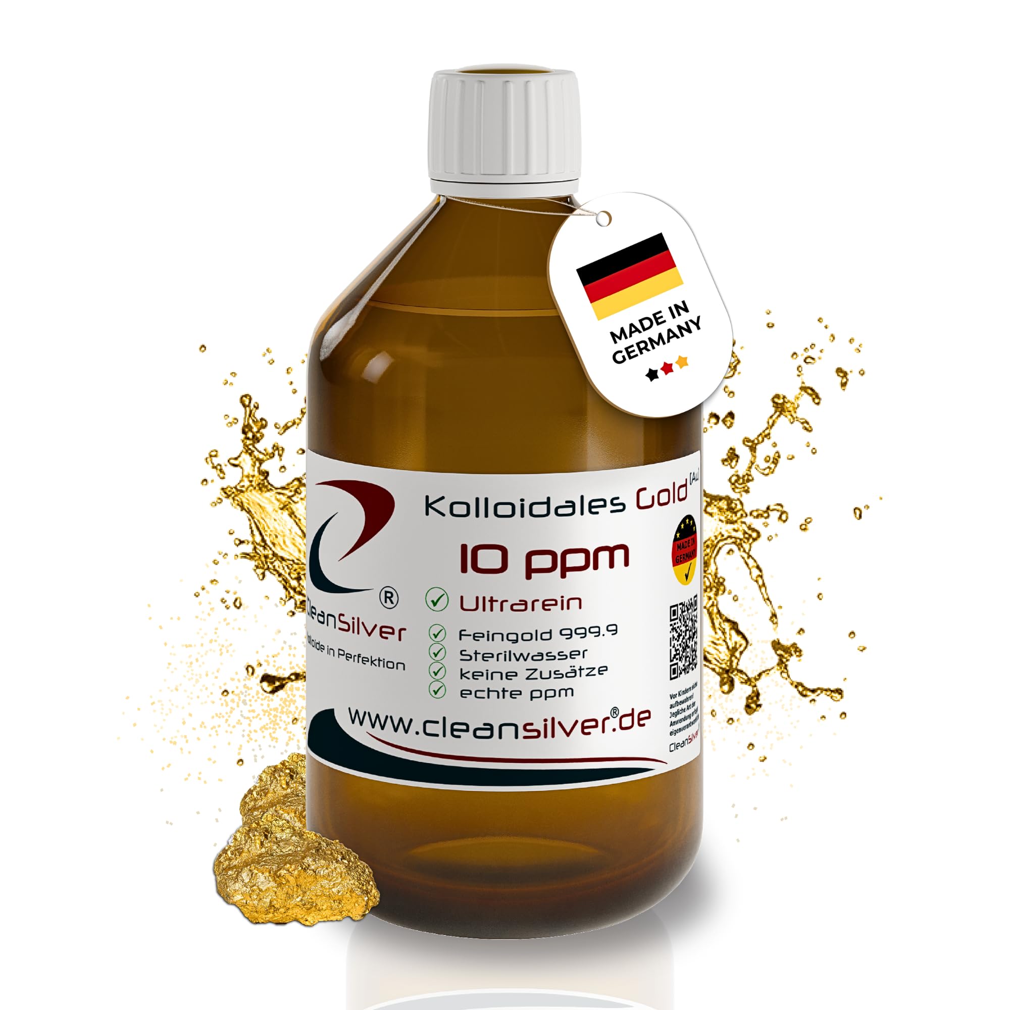 CleanSilver - Kolloidales Gold 10 ppm - 500ml - Ultrarein: Sterilwasser und Feingold 99,99% - Made in Germany - stets frisch, keine Lagerware!