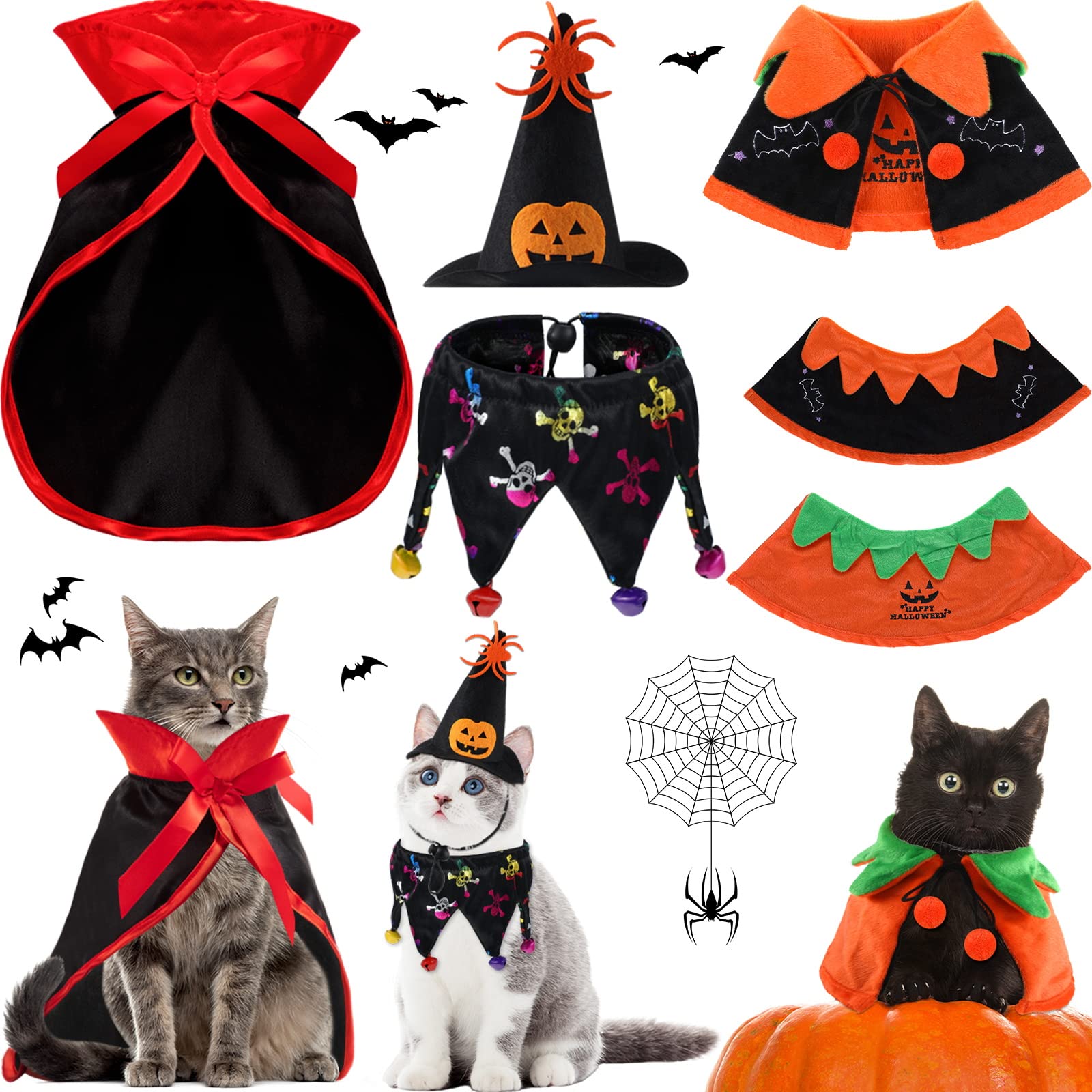 EXPAWLORER Katzen-Halloween-Kostüm – Halsband Mit Glocken & Zaubererhut, Kürbismuster, Verstellbar