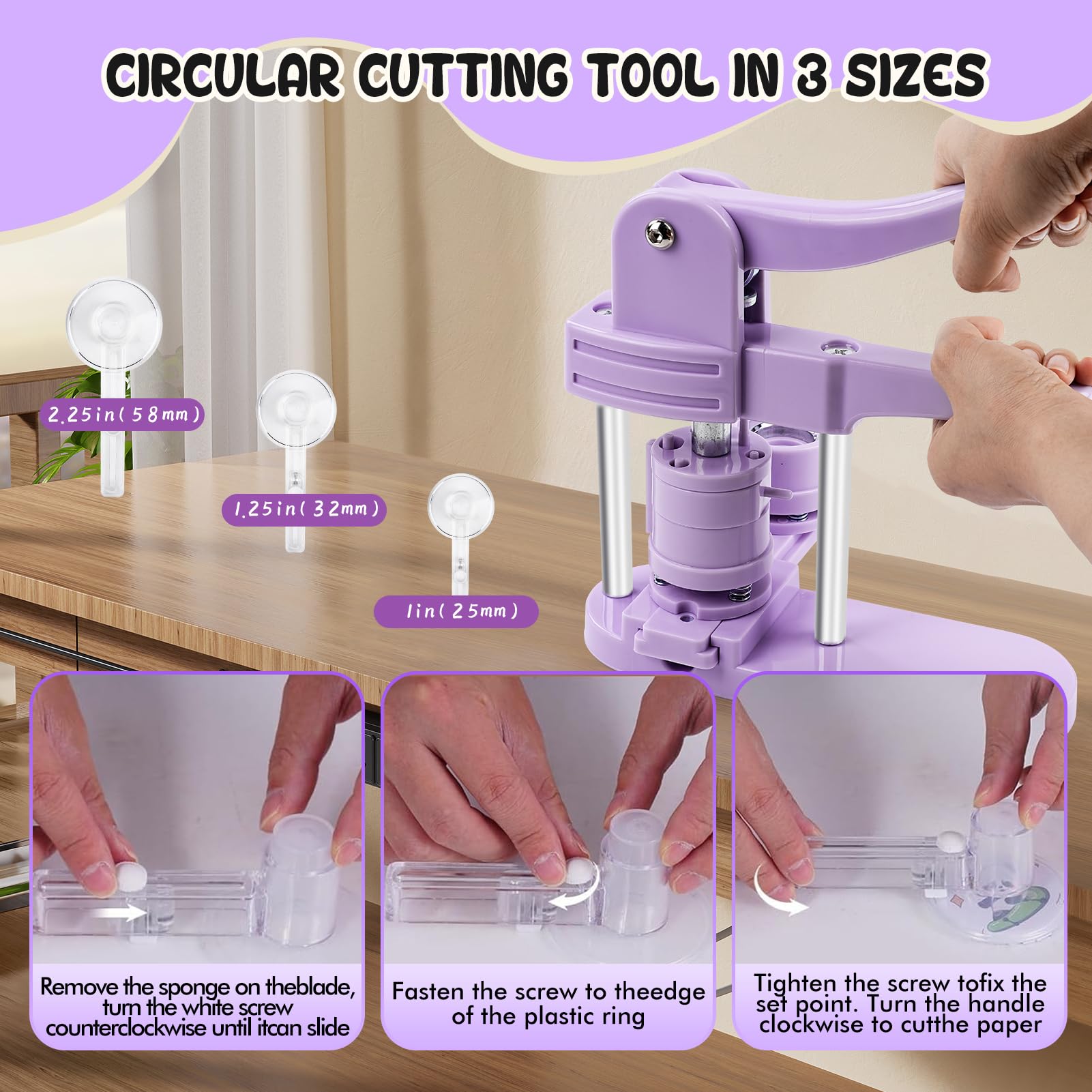 Máquina para hacer botones, 25 mm/32 mm/58 mm, kit de prensa de insignias personalizado con 300 piezas de botón para regalos, color morado