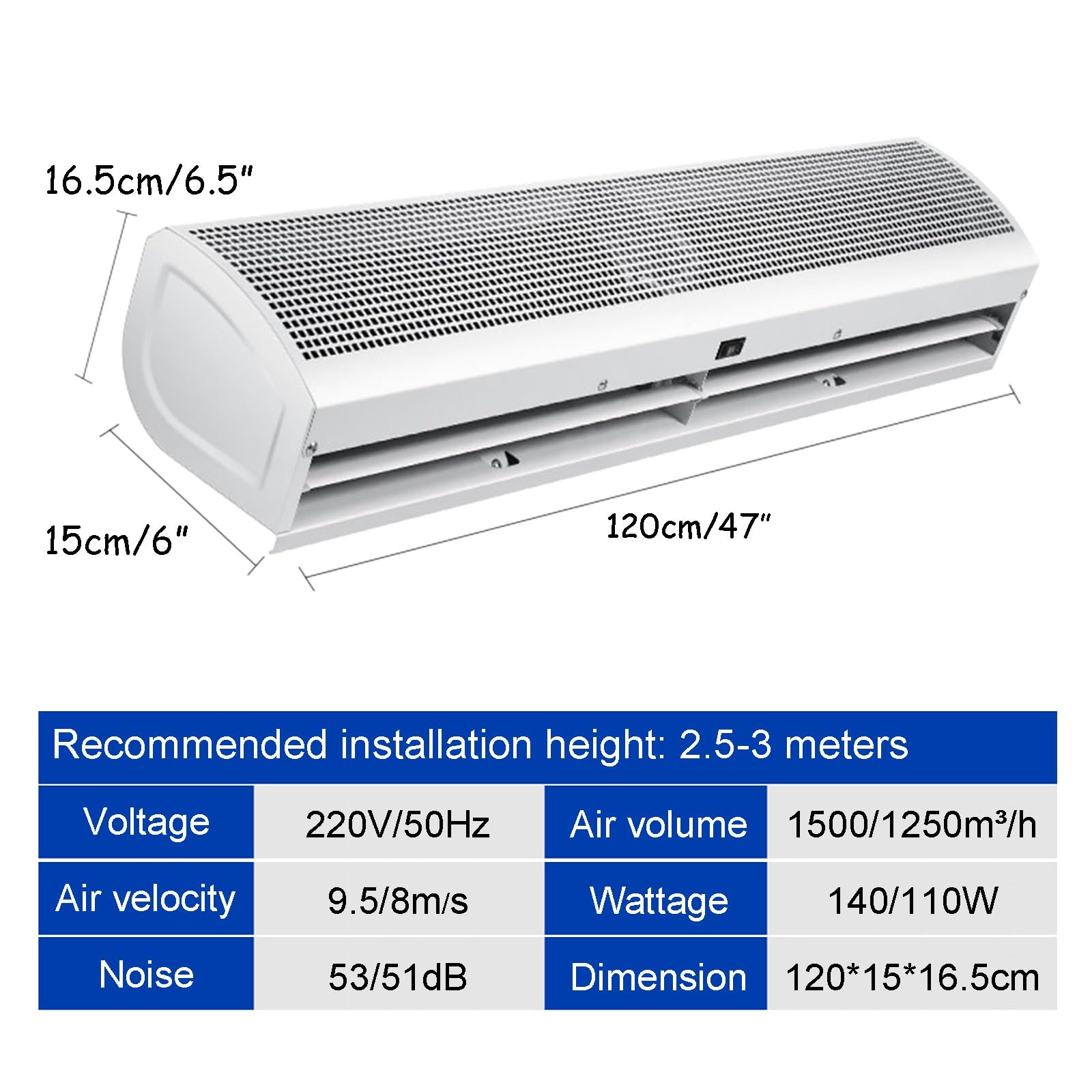 Cortina de aire comercial silenciosa de alto volumen de aire Entrada de supermercado Cortina de aire ajustable de dos velocidades, blanco, 60 cm / 90 cm / 120 cm / 150 cm (Size : 120cm)