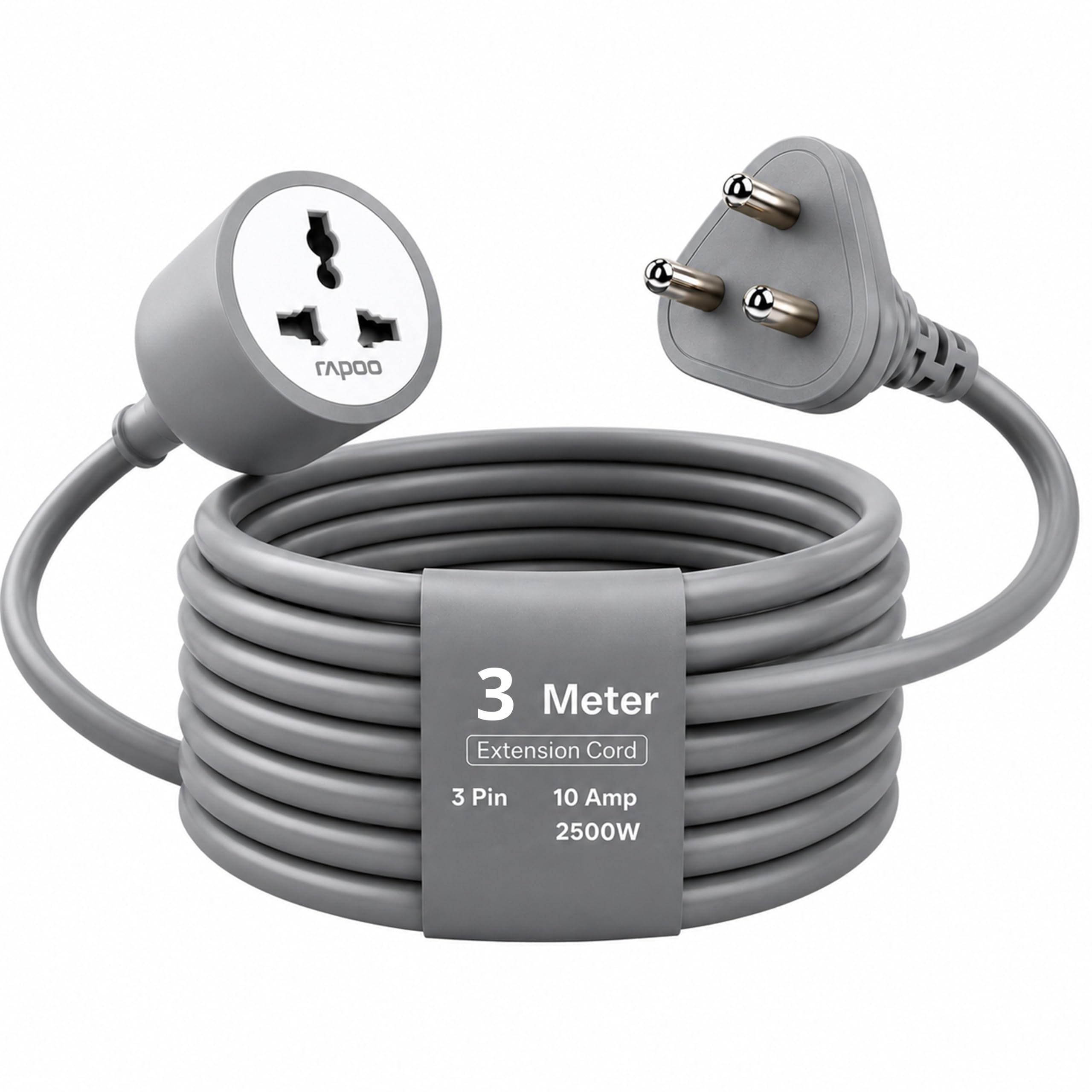 Rapoo E03 3M Heavy Duty Power Extension Cord| 2500W 10A 3-Pin Plug with Child Safety Door| Single Outlet Wire Extender| Fire Retardant| Short-Circuit Protection| All-Season Indoor/Outdoor Use (Grey)-image-2