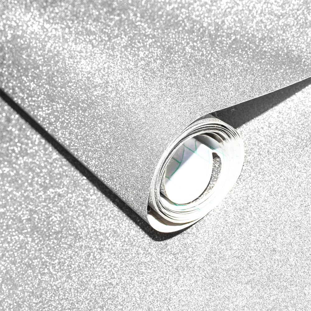 ZHMRROAD Glitter Self Adhesive Wallpaper, Silver Peel and Stick Wallpaper, 3D Textured Sparkly Effect, Waterproof and Removable, for Walls, Furniture and Festival Decorations, 44.5 x 1000 cm