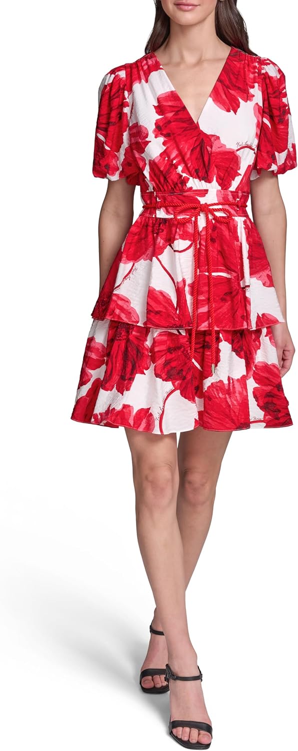 Karl Lagerfeld Women's Short Sleeve V Neck Printed Ecovero Fit and Flare Rope Belt Dress