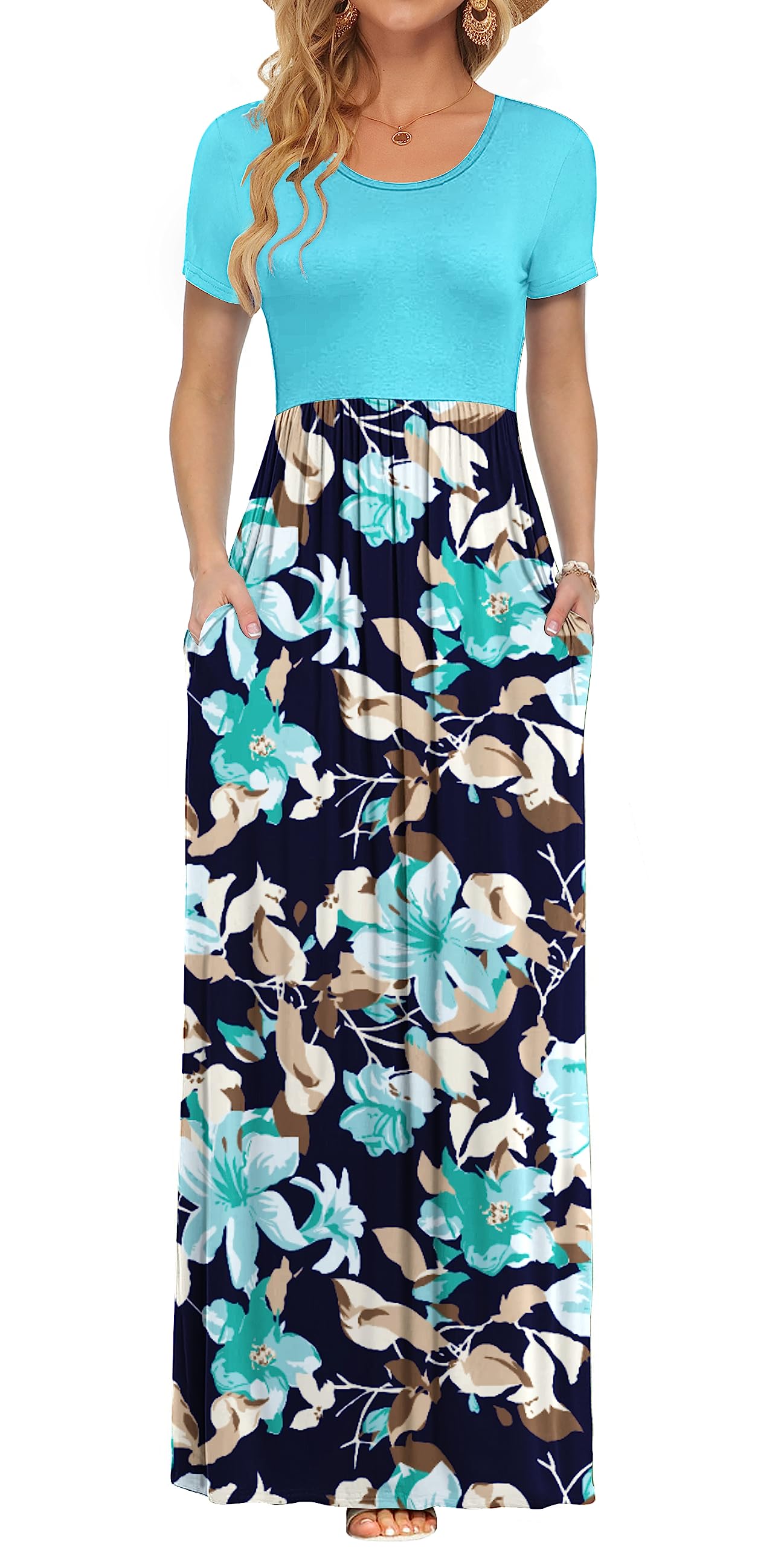 AUSELILY Women's Summer Short Sleeve Loose Plain Casual Long Maxi Dresses | Year Round wear solid floral print, Casual wear, Empire waist, Floor length, Side pockets