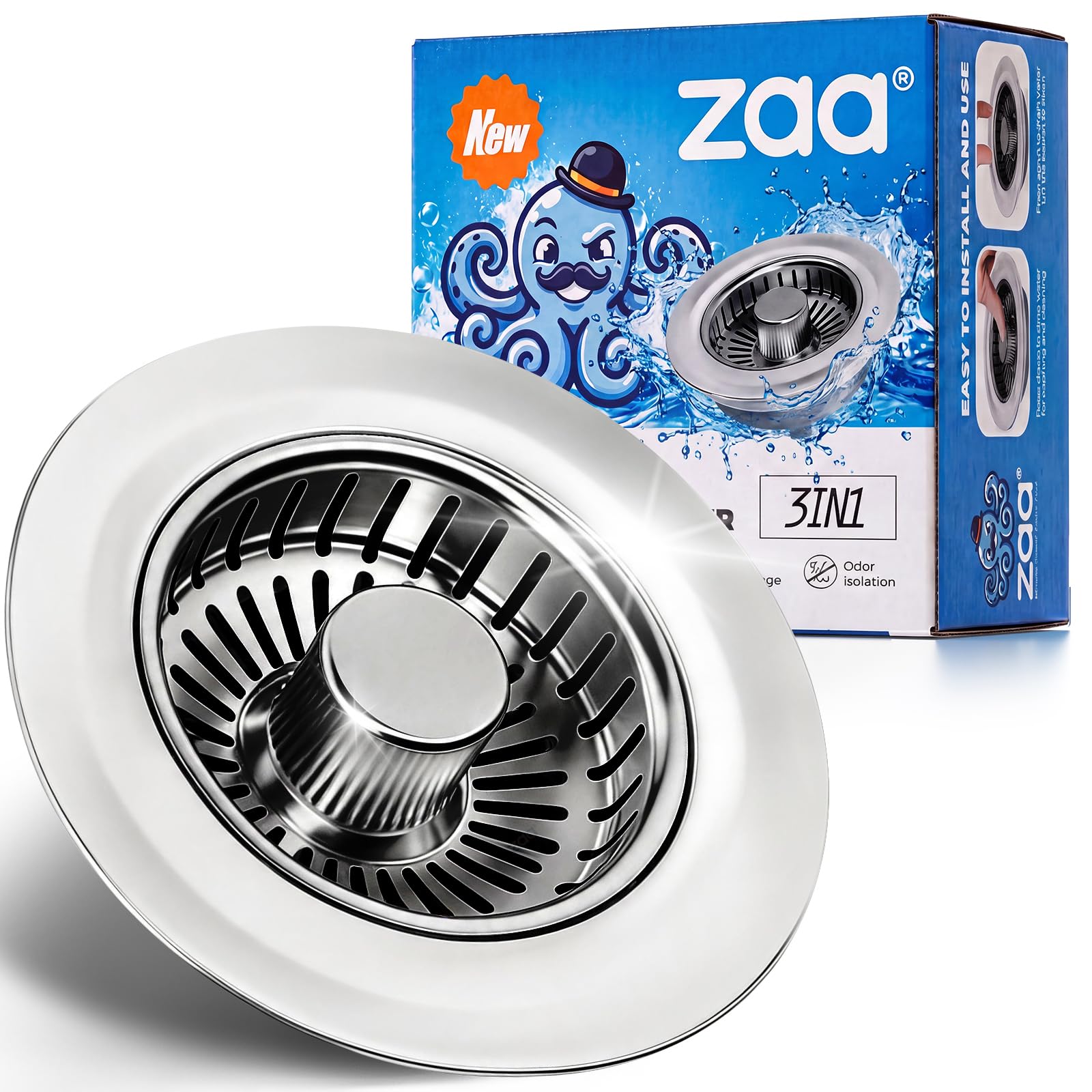 zaa Kitchen Sink Drain Strainer - Kitchen Sink Stopper, 304 Stainless Steel Sink Drain Stopper, Sink Protector for Kitchen with Anti-Clog Filter, Fit US Standard 3-1/2'' Sink Drain Hole, Gray