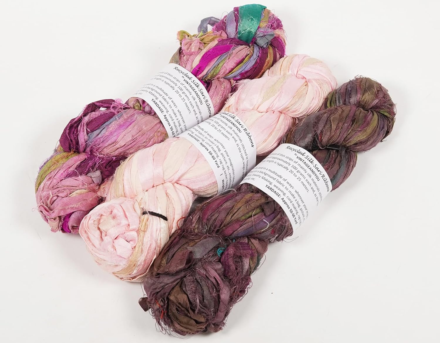 Recycled Sari Silk Ribbon Yarn - 300g Pack of 3 | Handcut Upcycled Silk Strips for Crochet, Weaving, Macramé, Knitting, Rug Making, Fiber Arts | Pink