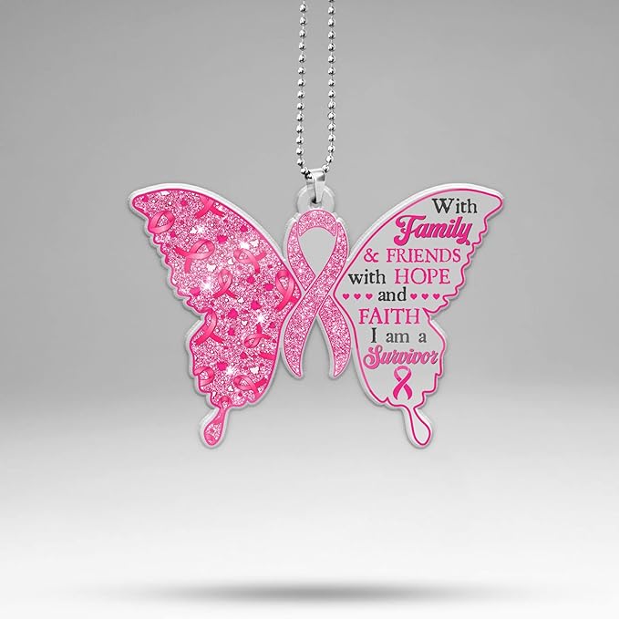 Breast Cancer Gift for Women, Pink Butterfly Ribbon Car Hanging Ornament, Warrior Acrylic Ornament, Breast Cancer Pendant for Rear View Mirror Car, Accessories Gift for Mothers Day