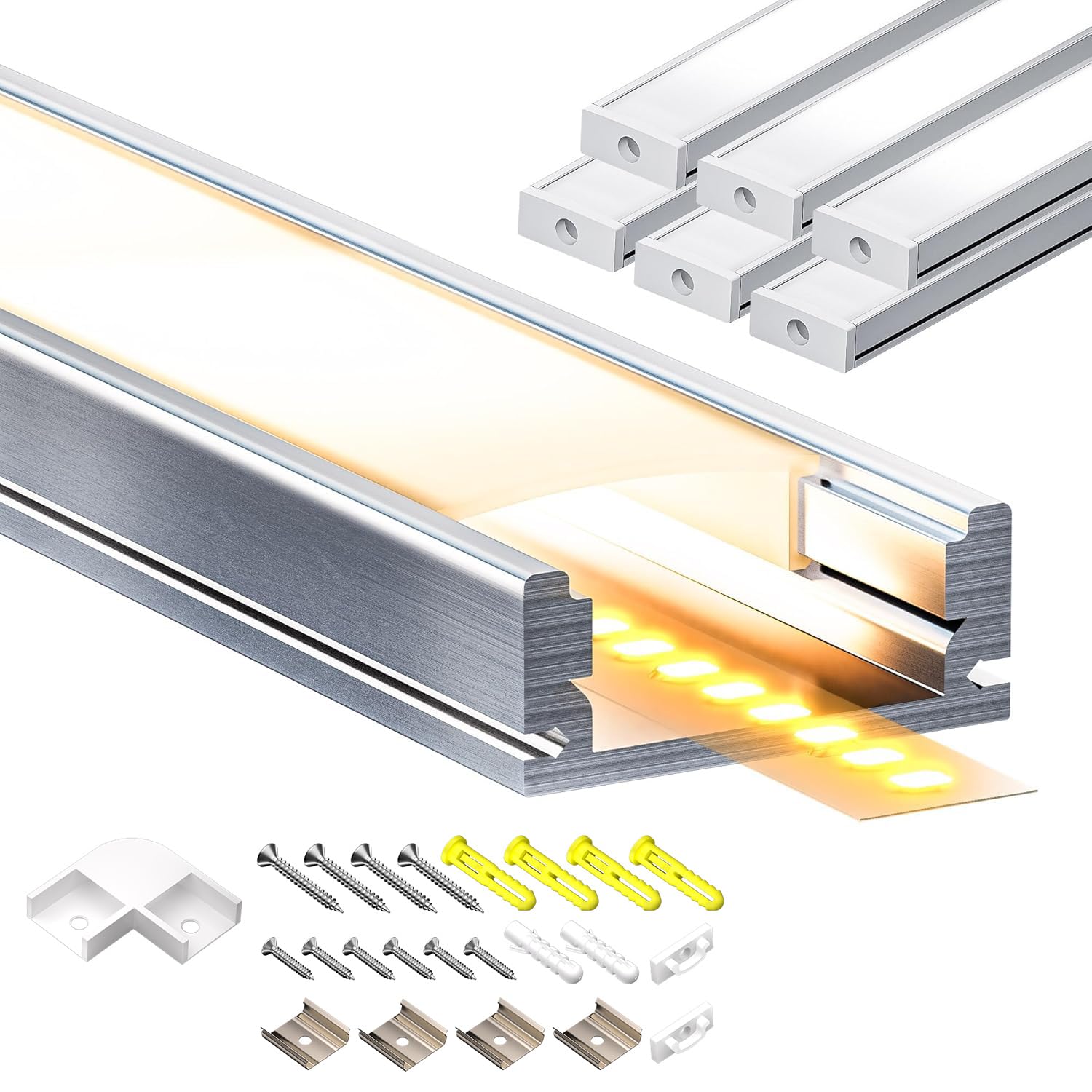 Profilo in Alluminio LED 10 x 2m (20m) Canale LED per Strisce LED fino a 12mm con Diffusore Bianco Latte, Tappi di Chiusura e Clip di Montaggio in Metallo