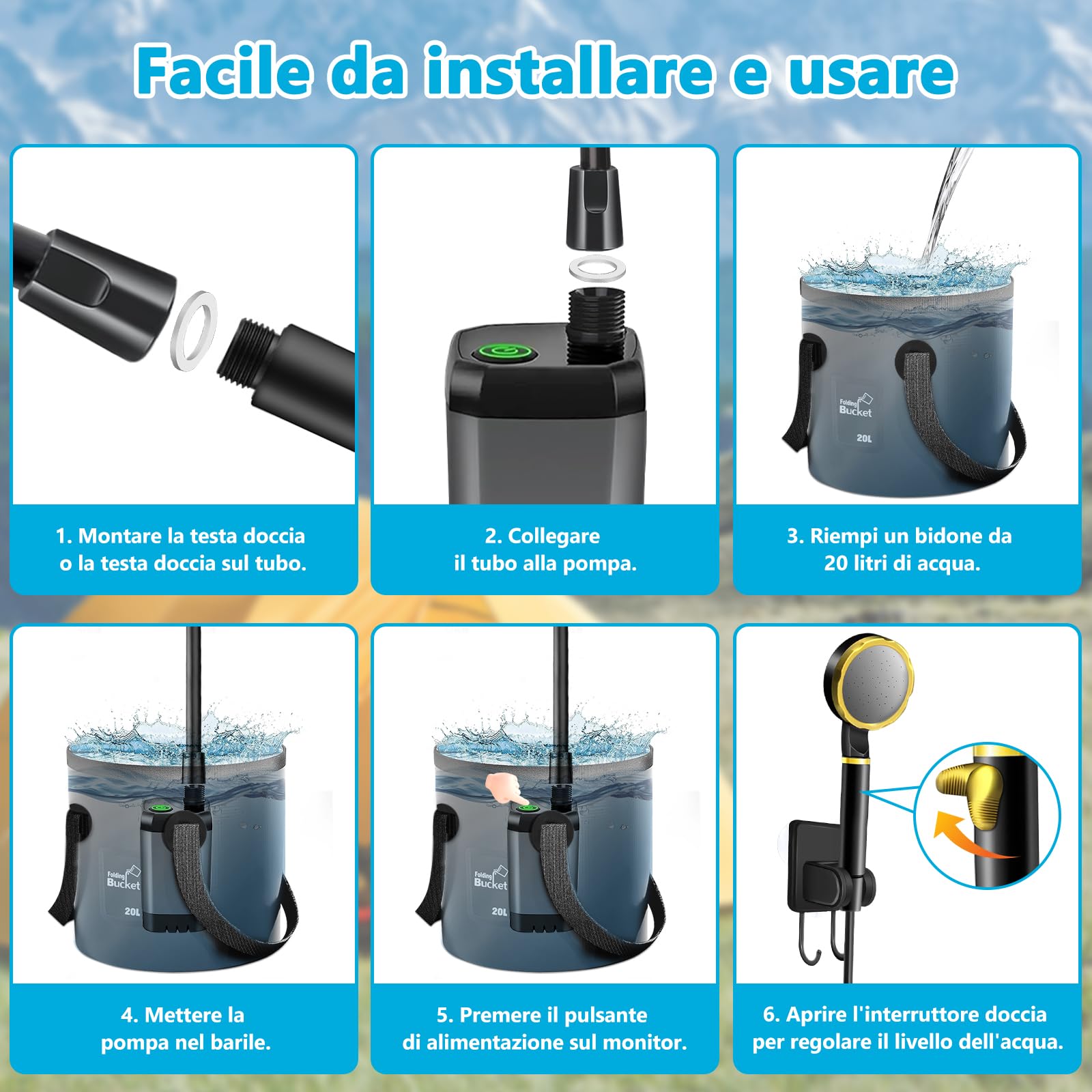 Doccia da Campeggio,Ricaricabile 6000mAh Doccia Ricaricabile Portatile,Doccia Portatile,Doccia Campeggio con Display Digitale a LED e Secchio Pieghevole,per All'aperto,Campeggio,Spiaggia