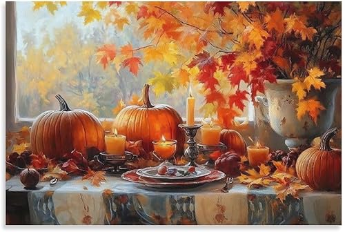 Arte De Pared De Calabaza, Lienzo De Otoño, Cocina, Comedor, Decoración De Pared, Pintura De Hojas De Arce, Cosecha De Acción De Gracias2 Print