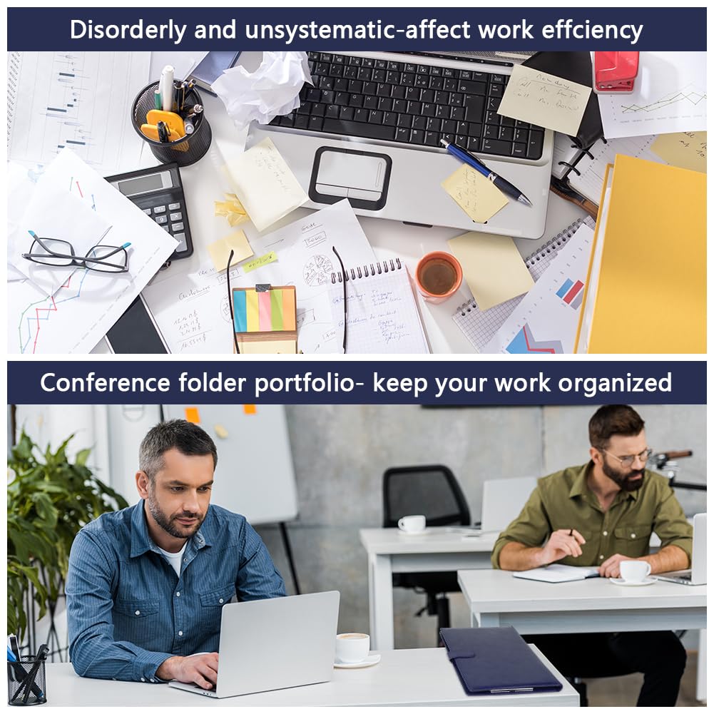 OFFCUP Porte Document A4, Portfolio en Cuir PU A4, Conférencier avec Fermoir Magnétique et Pochettes, Range Documents Porte Bloc avec Pince, Porte Bloc-notes pour Bureau Agenda Conférence (Bleu)