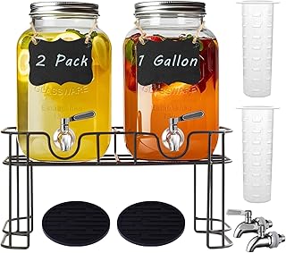 1 Gallon Glass Drink Dispenser with Stand,2 Pack Glass Beverage Dispense...
