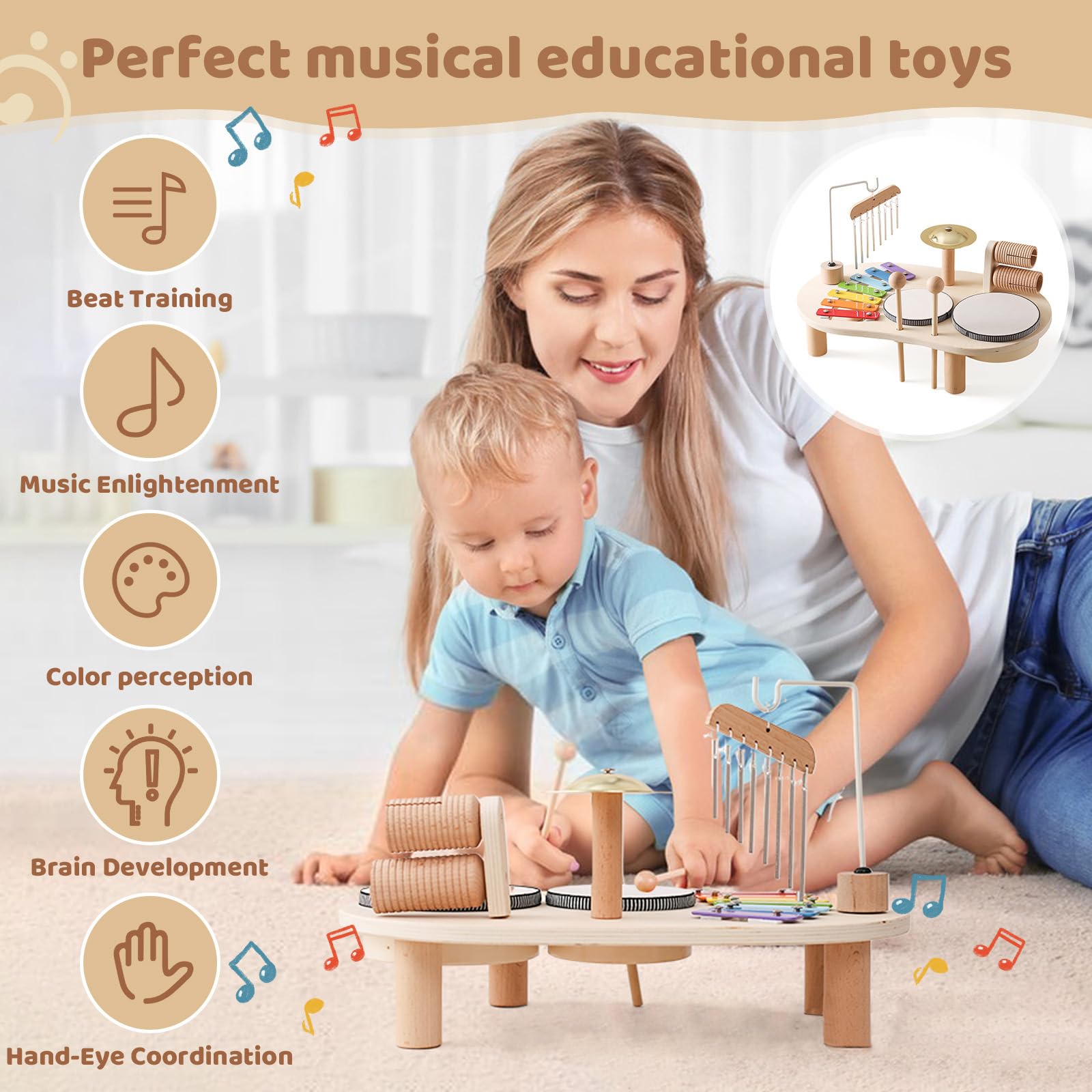 Juego De Tambores para Bebés 7 En 1, Juguetes Musicales De Piano De Madera, Instrumento Montessori Infantil, Instrumento De Percusión Educativa, Regalo De Cumpleaños para Niños Y Niñas, A