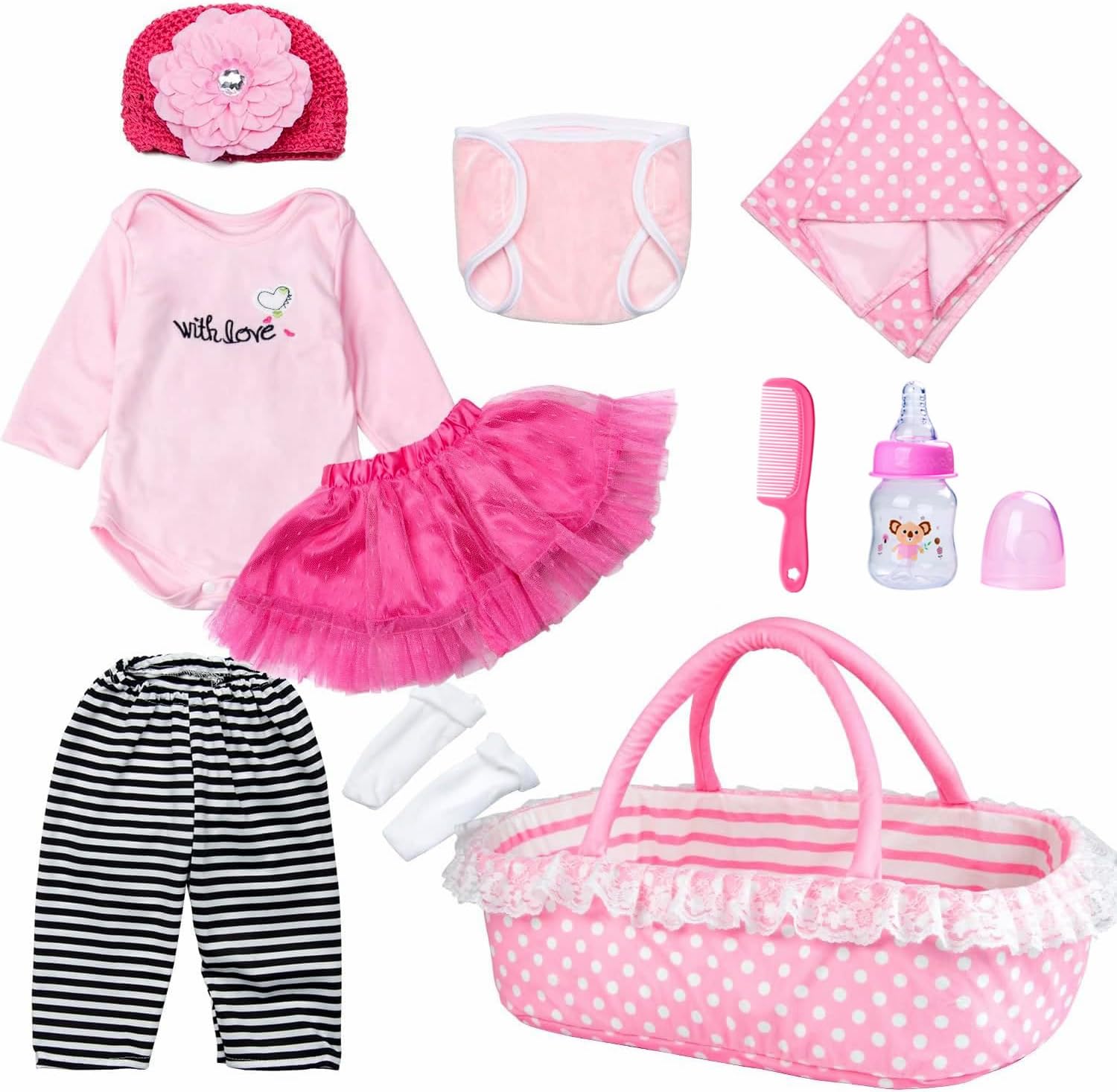 Reborn Baby Doll Clothes with Bassinet for 17-22 Inch Girl Baby Dolls Pink Outfits Reborn Doll Baby Clothing Accessories 10-Piece Set