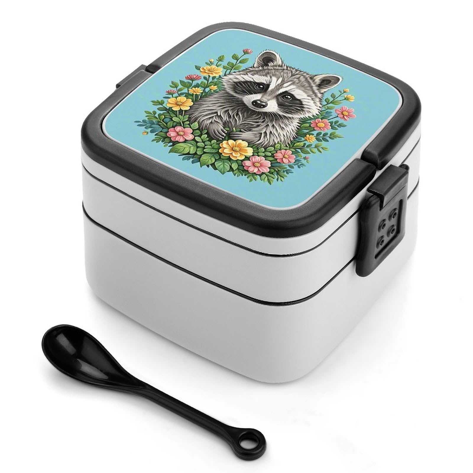 VstaDank Raccoon Bento Box with Compartments Portable Lunch Containers with Spoon Leak Proof Bento Lunch Box Snap-On Design Double-Layer Insulated Lunch Boxes for Work Camping