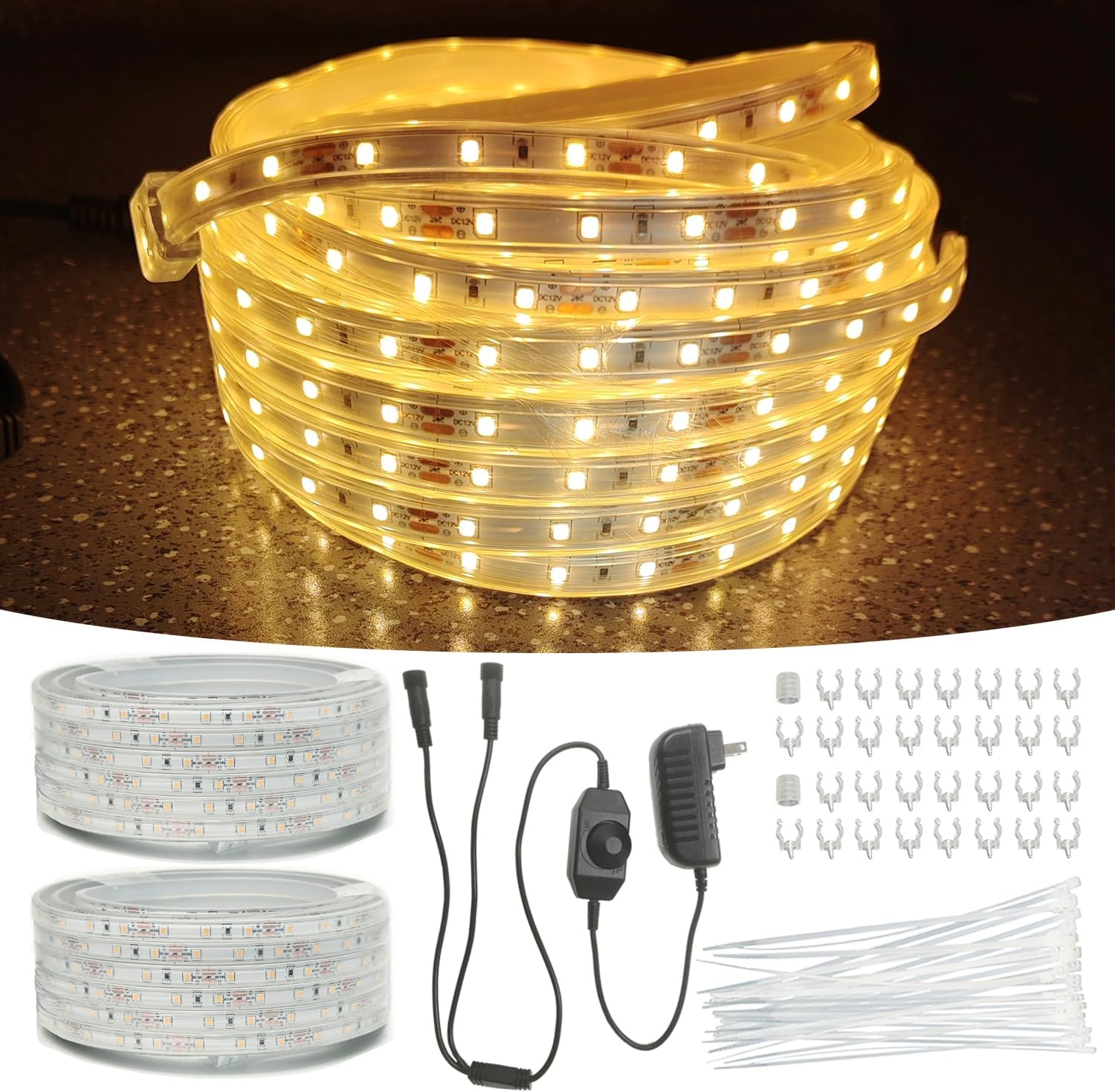 33FT 2-Pack 12V LED Rope Lights Outdoor - 1200 LEDs Warm White Dimmable Thick Flat Rope Lighting Waterproof for Street,Ceiling,Backyards,Commercial Use Indoor Outdoor Tape Lights Warm White 66FT