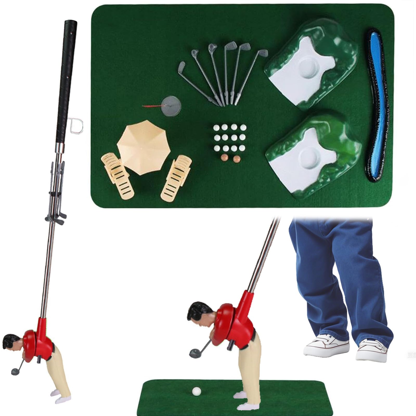 Mini Golf Game Set, Funny Tiny Golfer Golf Game, Fun Tabletop Putting Game with Tiny Golfer, Indoor & Outdoor Mini Golf Toy, Practice Putting Mat, Family Sports Game Gift for Kids (Red)