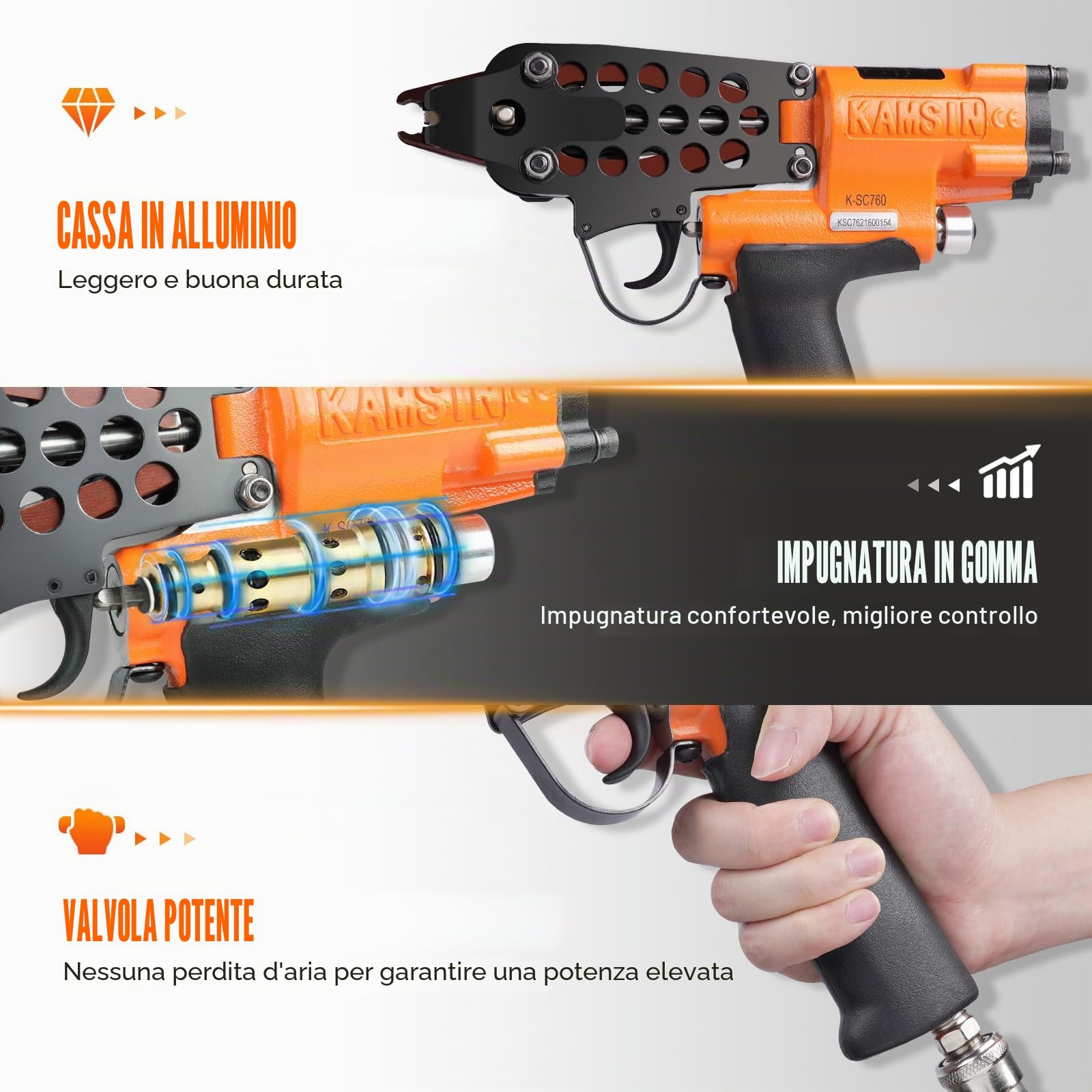 KAMSIN K-SC760 Pistola pneumatica ad anello a C, calibro 16, Diametro di chiusura di 3,0 mm Strumento di pinza per anelli di maiale a risparmio di manodopera per gabbie
