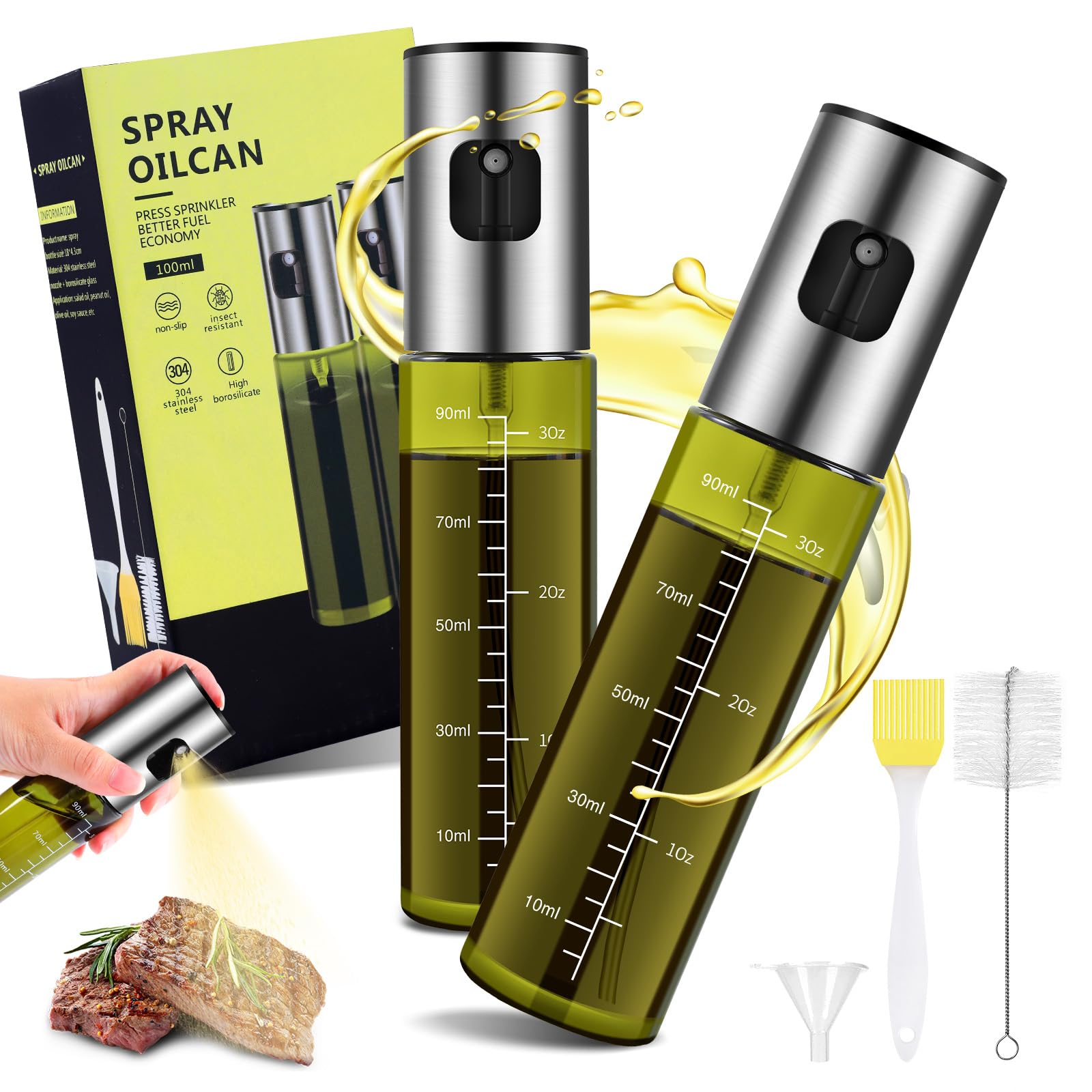 Zanfqvo Pulverizador Aceite Spray, 2PCS Spray Aceite Cocina Vidrio Especial con protección UV Verde, Dispensador de Aceitera Antigoteo Para cocinar, asar, ensaladas, freír en el aire