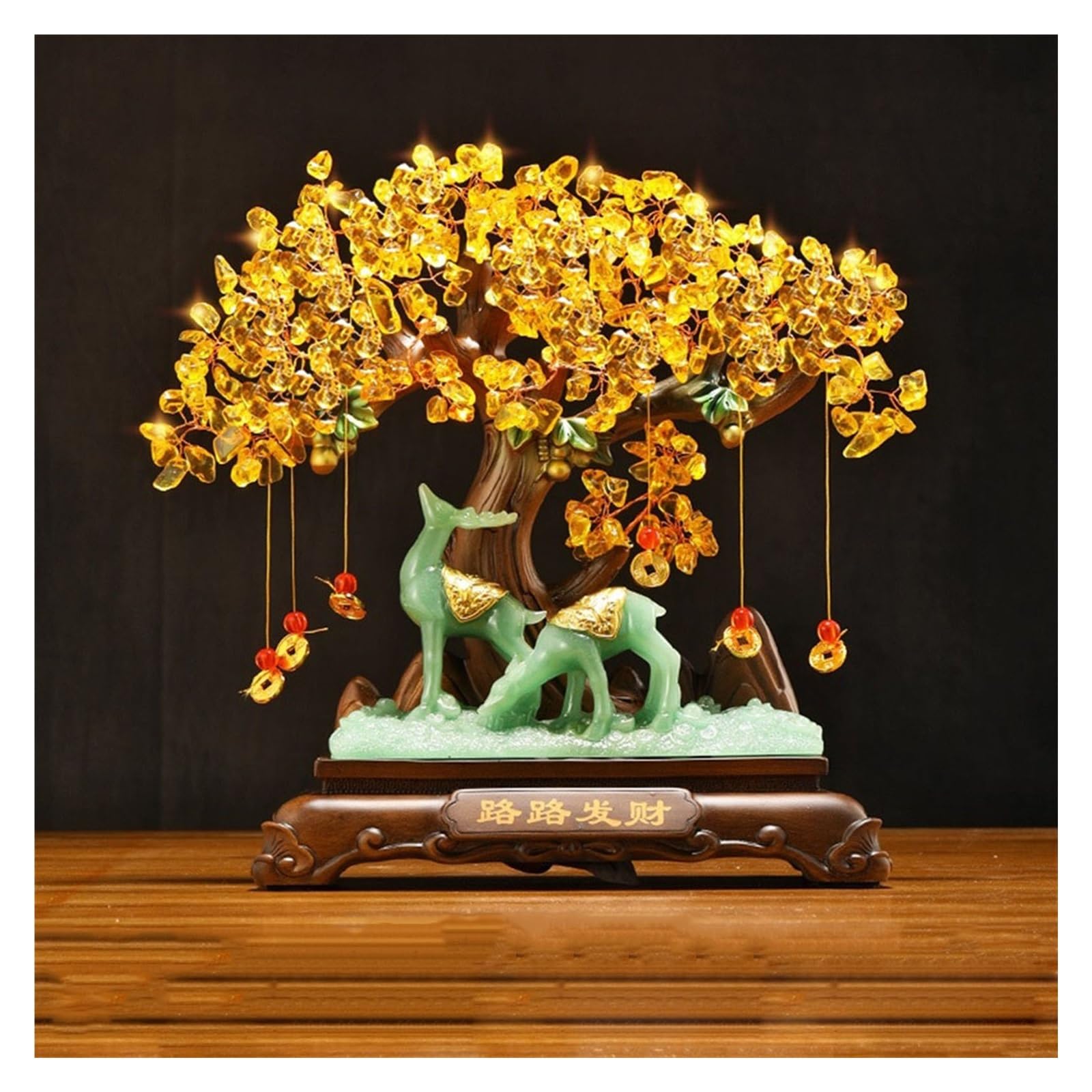 Money Tree Crystal Tree Lucky Deer Money Feng Shui Bonsai for Fortune Good Luck Wealth Prosperity and Success Citrine Gemstone Crystal Tree(Green,Medium)