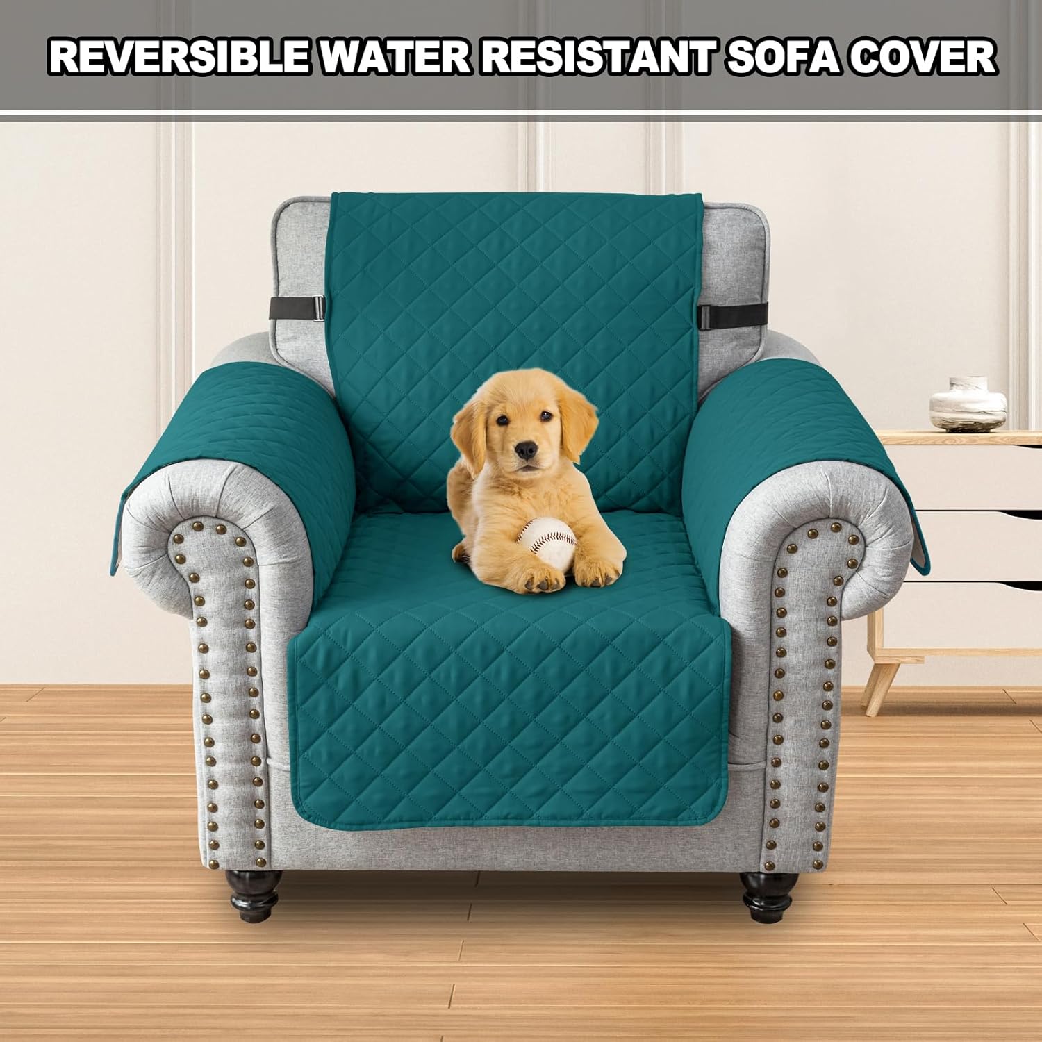 UNBBRRL Reversible Couch Cover for Dogs and Cats, Waterproof Furniture Covers for Pets and Kids Couch Protector with Elastic Straps (Teal,Chair)