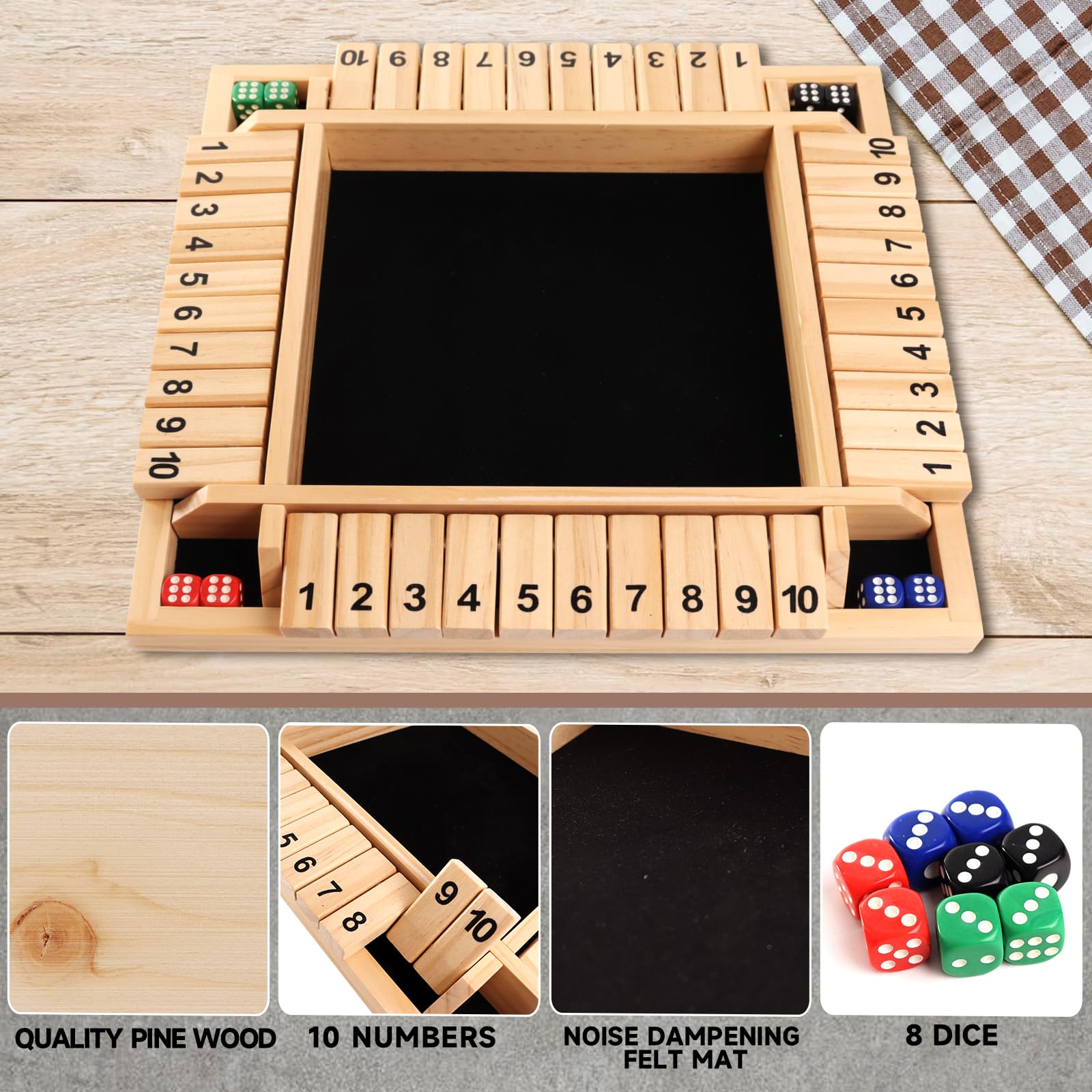 GSE Games & Sports Expert - Würfelbrettspiel aus Holz für 1-4 Spieler mit 8 Würfeln 4-fach nummeriert 10 Brettspiel, Naturholz