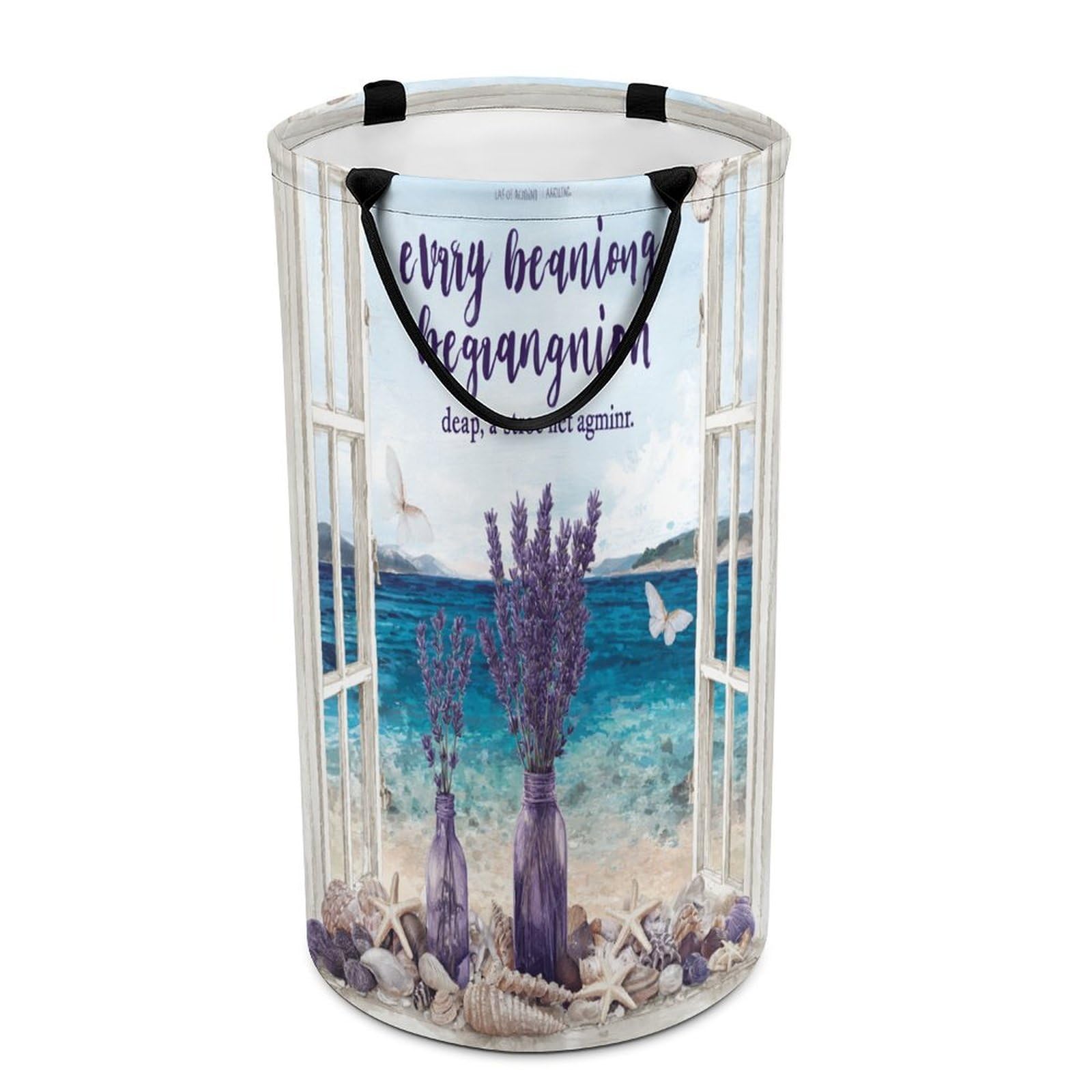 LUYYSKY Beautiful Classic Window Seaside Collapsible Dirty Clothes Basket, Modern Watercolor Summer Nautical Landscape Plant Lavender Lilac Portable Clothes Storage Basket