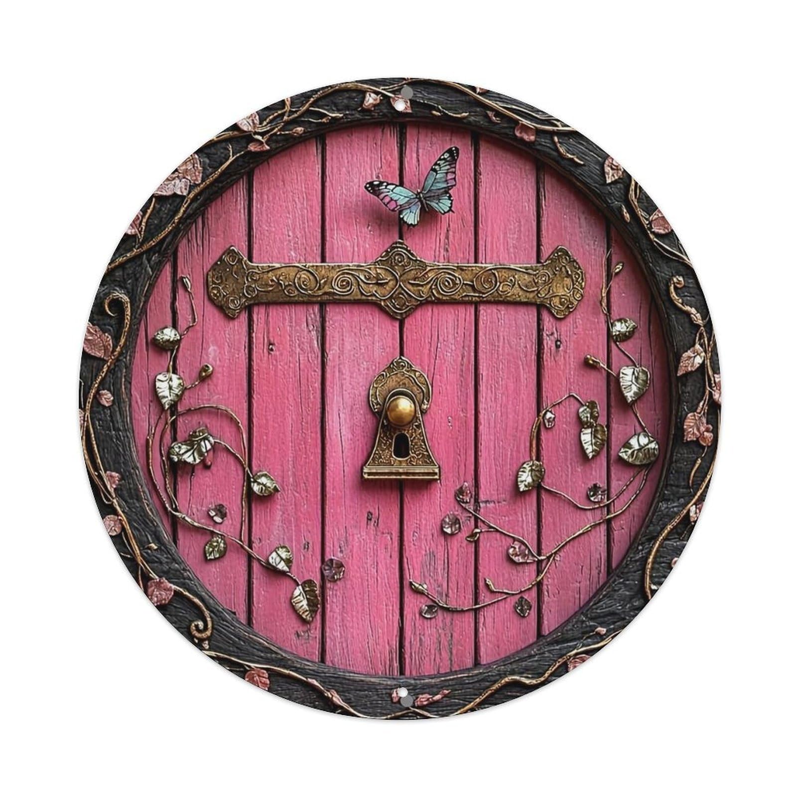 Pink Wood Door With Butterfly And Vine Retro Metal Sign Round Tin Sign, Vintage Decor Art Poster for Bar, Home, Man Cave, Kitchen, Laundry Room Gift 8x8Inch