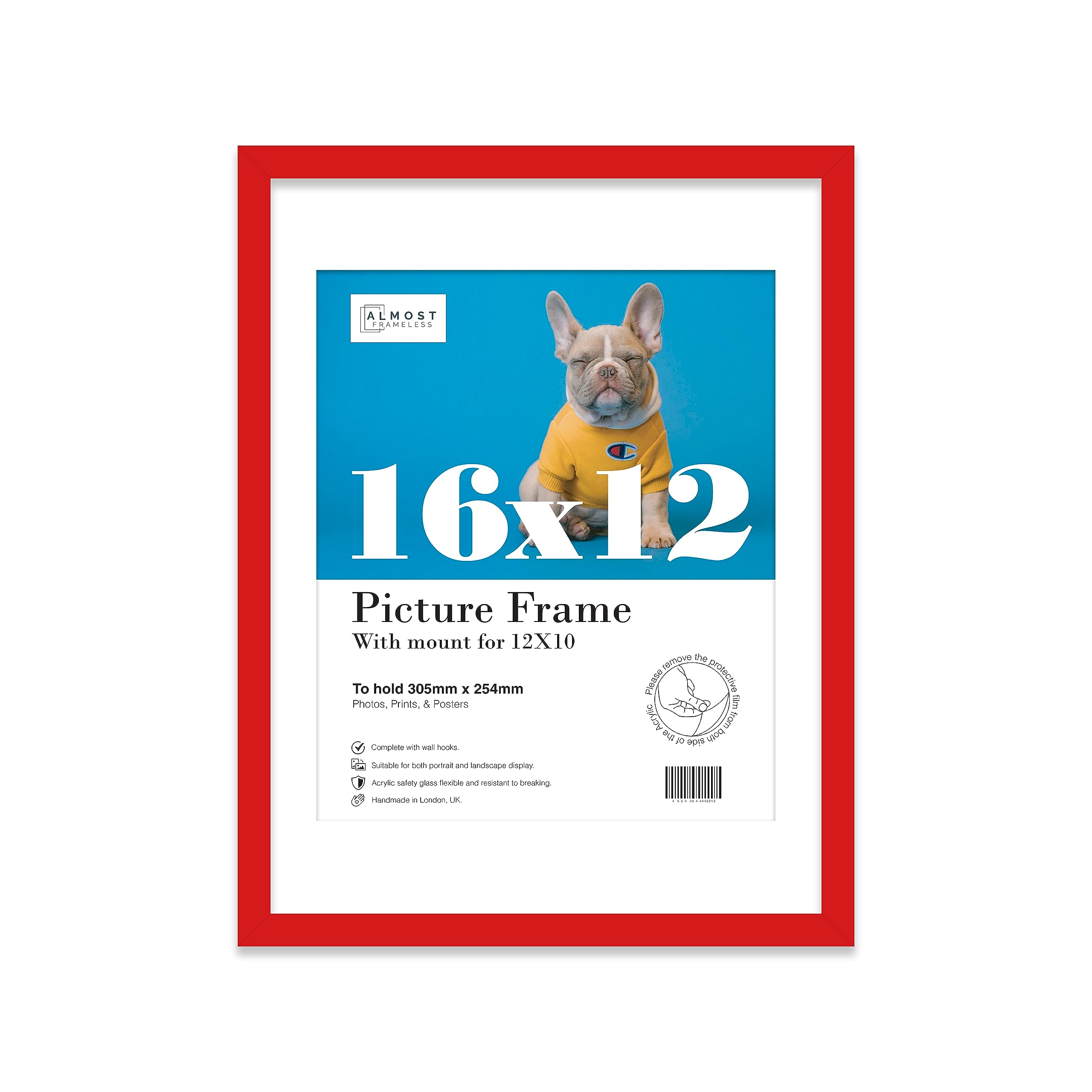 Almost Frameless 16x12 Red Picture Frame With Mount for 12x10 Print, Poster or Photo Poster, Photo, Artwork, or Print. Thin Edge Slim Frame Portrait and Landscape Display with Wall Hooks