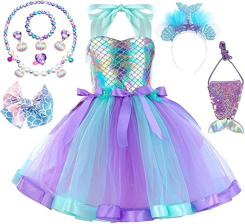 QVQVENG Vestido de sirena para niñas con diadema, juego de joyas, bolsa de disfraz de sirena, falda tutú, ropa de princesa para niñas