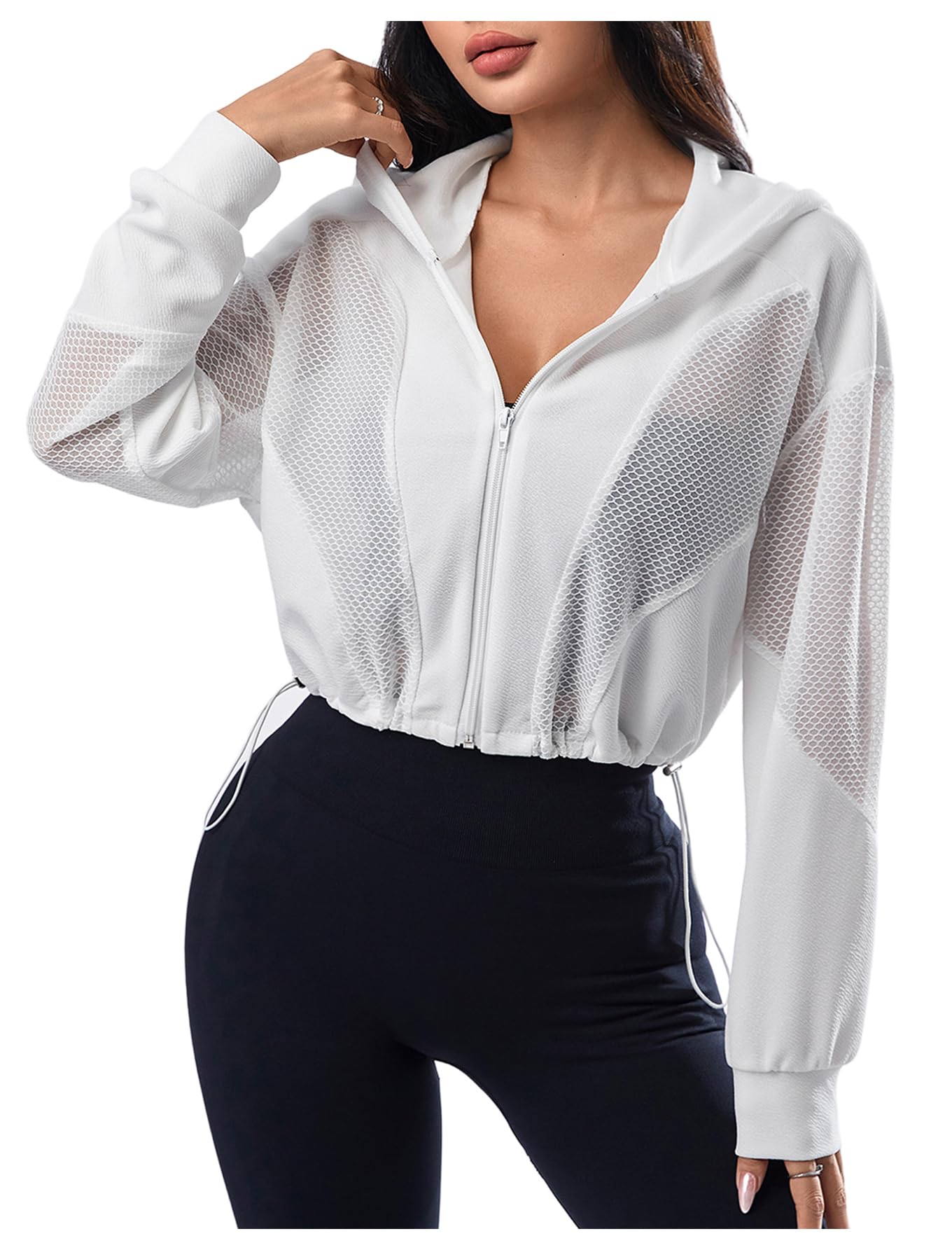 SweatyRocks Women's Zip Up Drawstring Hem Cropped Hoodie Mesh Workout Sports Track Lightweight Jacket