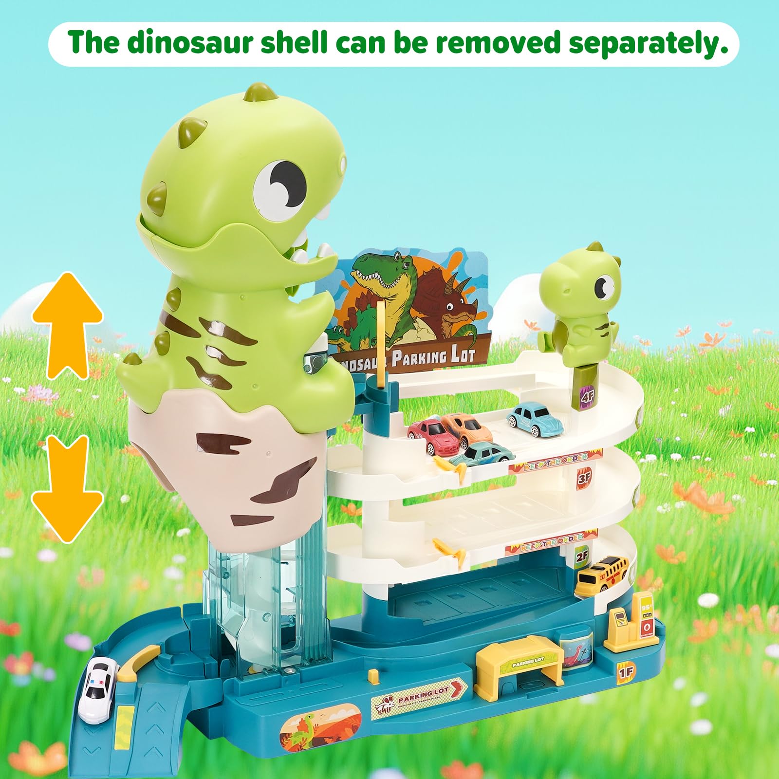 Dinosaurier Auto Garagen Spielset für Kinder 2 IN 1 Rennbahn Spielzeug und Auto Parkhaus für Kinder mit Licht und 6 Autos Geschenke Spielzeug für 2 3 4 5 Jahre