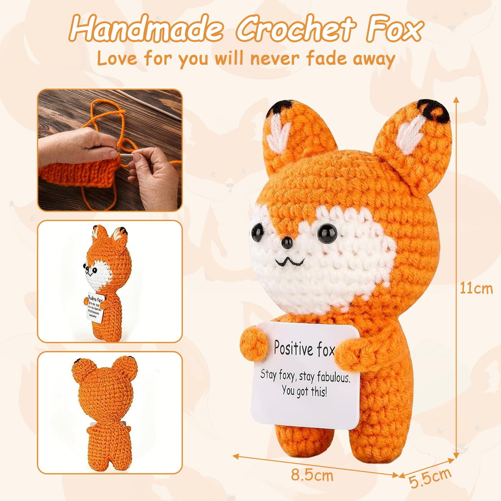 Hocklliy Mini Positive Crochet Animals Fox with Motivational Card,Handmade Funny Emotional Support Fox Gifts for Women Men Friend - Image 3