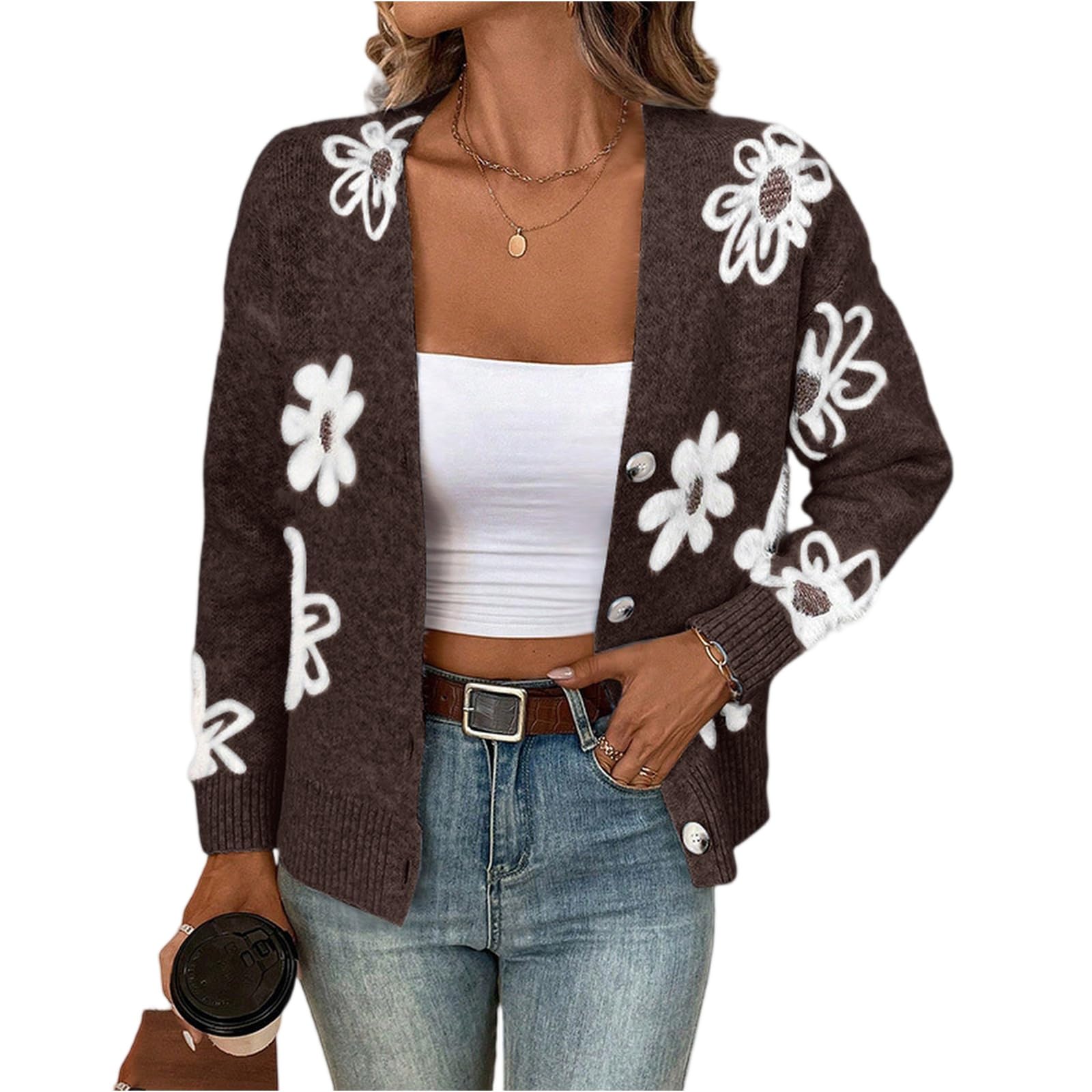 Cute Cardigans for Women Elegant Long Sleeve Cropped Button Down Knit Open Front Fuzzy Floral Printed Sweater Tops